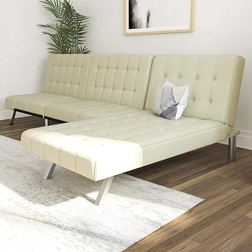 DHP Emily Sectional Futon Sofa with Convertible Chaise Lounger, Vanilla Faux Leather