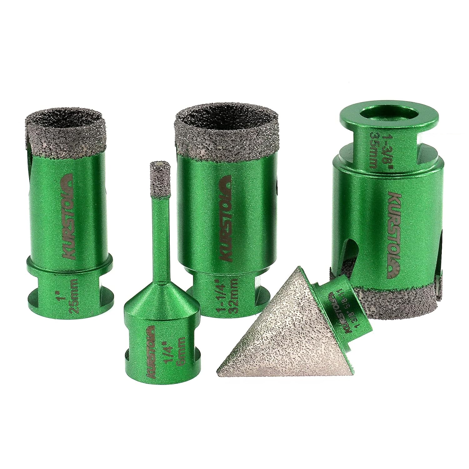 Tile Hole Saw Set - 4pcs Diamond Core Drill Bits 6/25/32/35mm 1pc Beveling Chamfer Bit 35mm 58-11 Thread for Shaping Enlarging Porcelain Ceramic Tile Granite Marble Angle Grinder