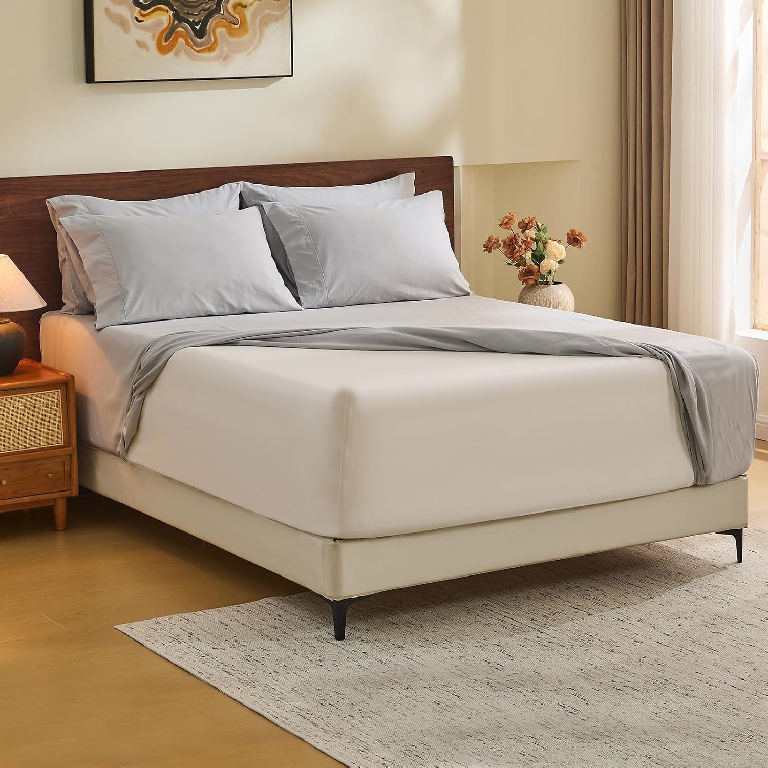 MEISHANG 100 French Pure Linen Sheets Queen Size - Extra Deep Pocket Sheet Set Soft Durable Flax Linen