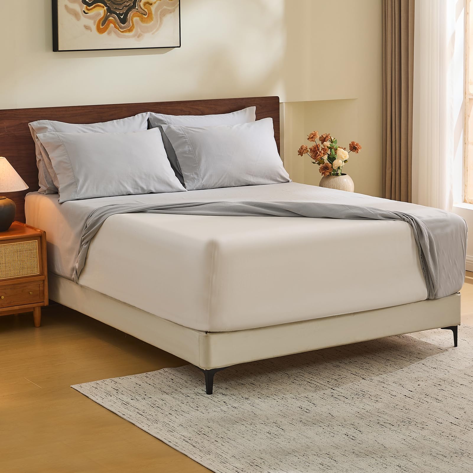 MEISHANG 100 French Pure Linen Sheets Queen Size - Extra Deep Pocket Sheet Set Soft Durable Flax Linen