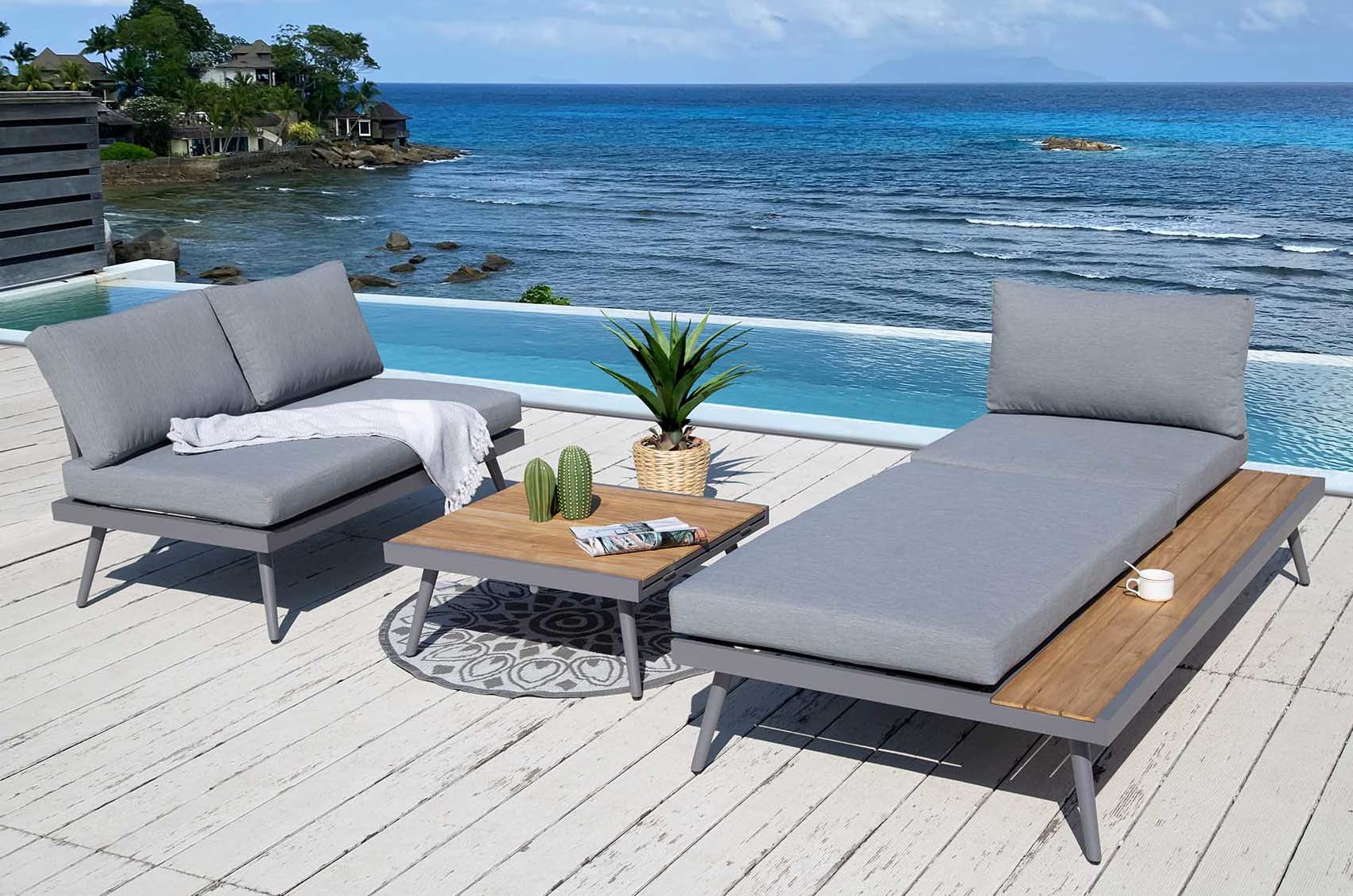 ALEOS. Gartenlounge Lounge aus Aluminium mit Massiv Holz Teak Multifunktionslounge Lounge-Set Loungegarnitur Sitzgruppe Doppelliege Sofagarnitur Barbados grau anthrazit Spunpoly Kissen
