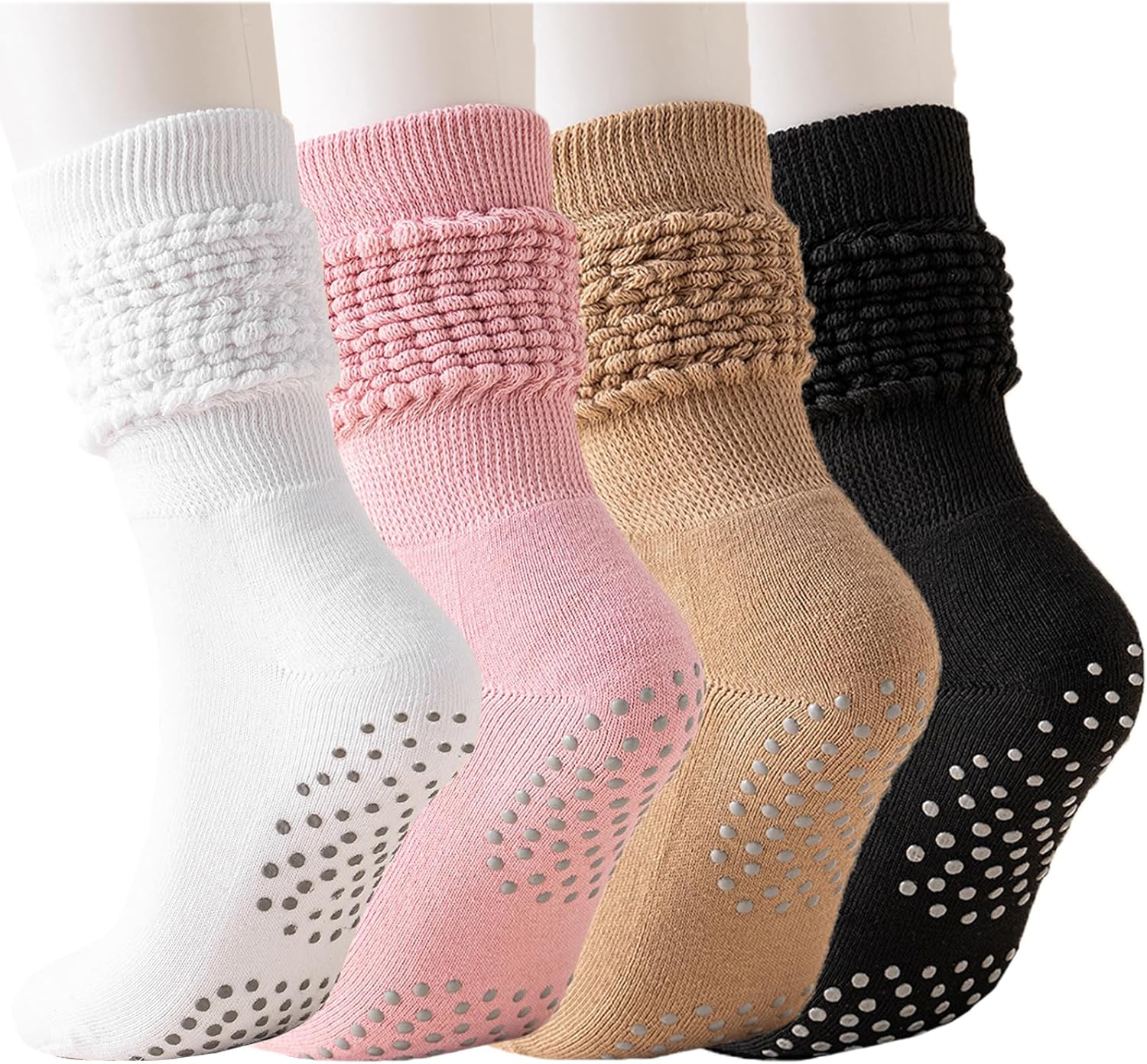 4 Pairs Pilates Socks with Grips for Women, Grip Scrunch Yoga Socks with Non Slip Grippers for Barre, Yoga, Dance Hospital Workout