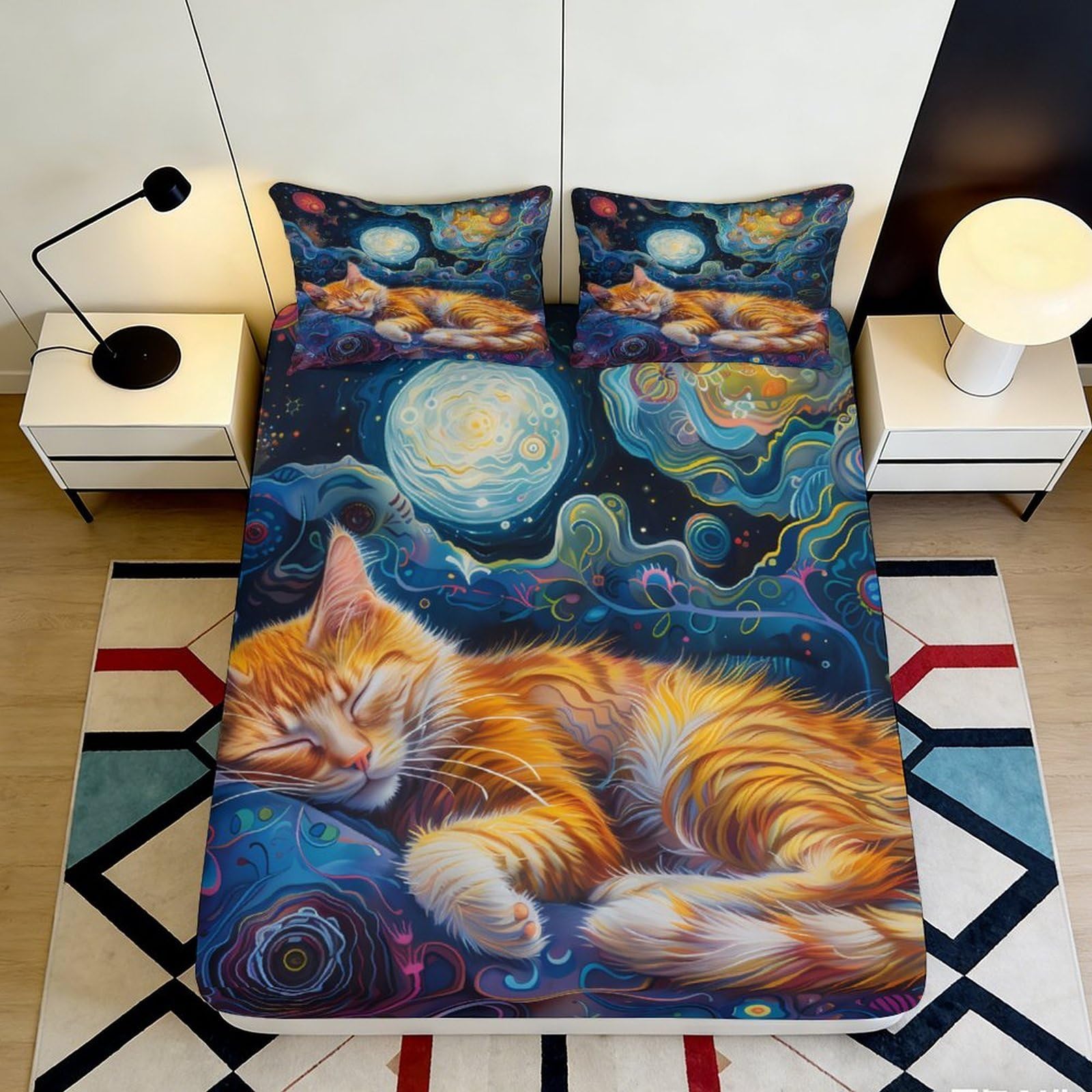 3D Printed Dreamy Cat Night Fitted Sheet Microfiber Soft Artistic Moon Bed Cover for Bedroom Guestroom Decor 90x200x25cm