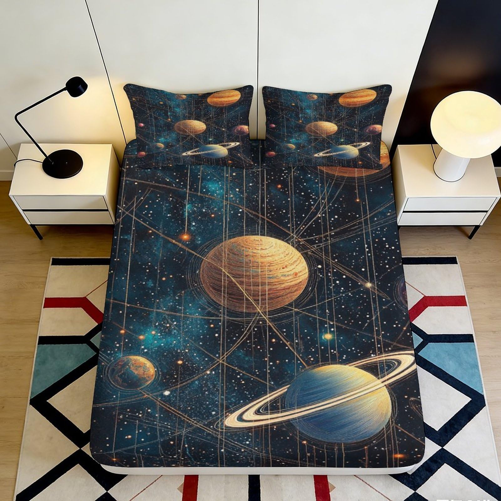 Pnayamiorkfel Style-3 3D Printed Solar System Fitted Sheet Microfiber Soft Slip-Resistant Cosmic Planet Mattress Cover For Bedroom Decor 90X200x25cm