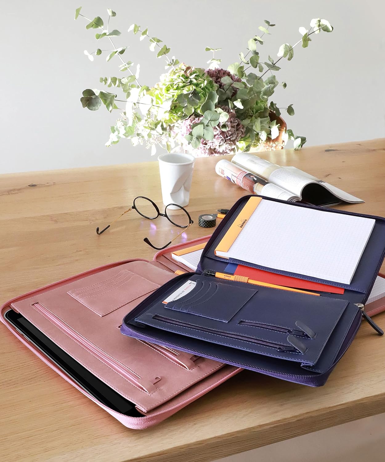 Rhodia 168101C - Rhodiarama Small Leatherette Zipped Portfolio for Notepad or Tablet 19.5x25.5cm gusseted Tablet Pocket 2 Zipped Pockets Card Holder Pencil Holder - Taupe