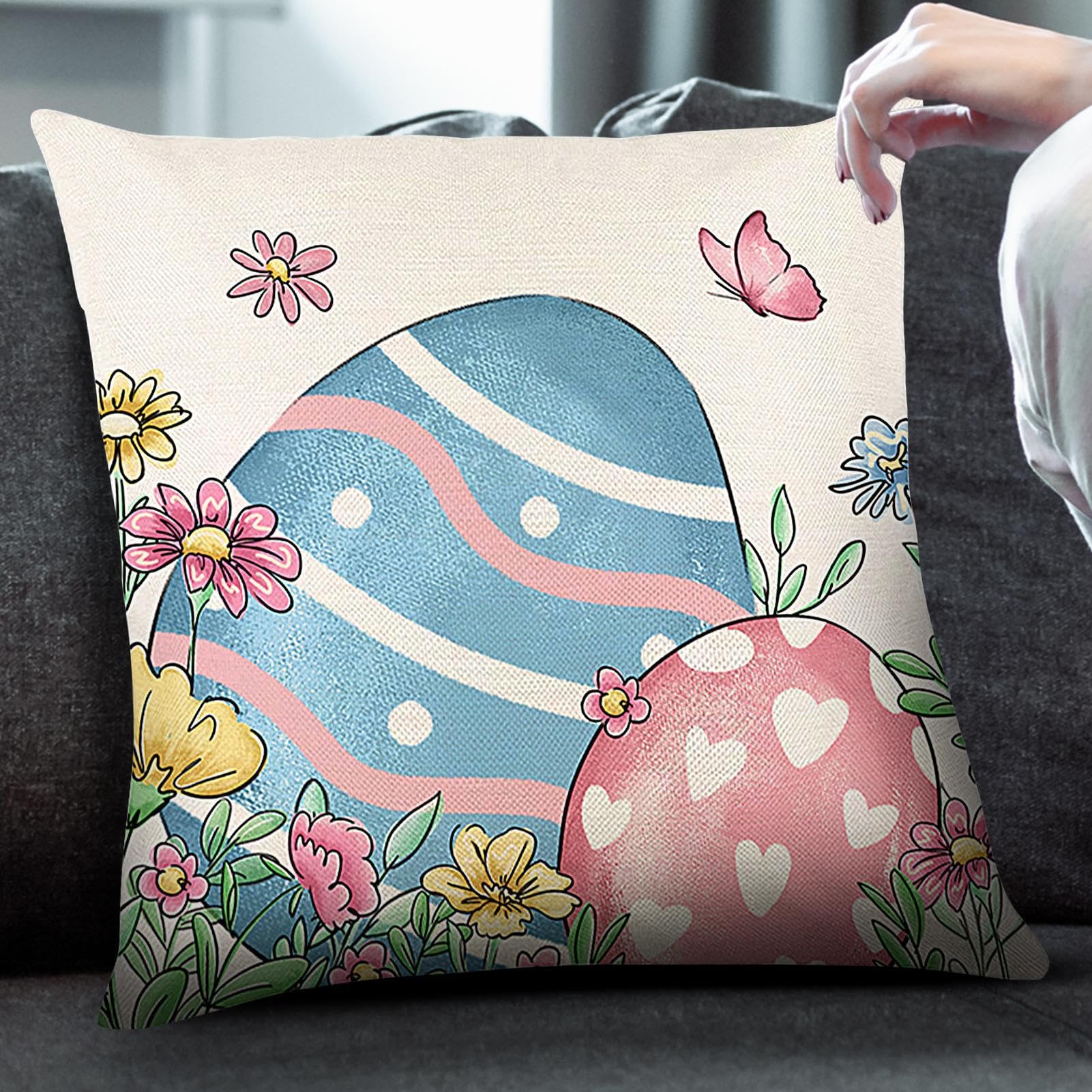 Poszewka na poduszkę na Wielkanoc, Happy Easter, Honny, króliczek, kwiaty, jajka wielkanocne, wielkanocne poszewki na poduszki, nowoczesna poszewka na poduszkę, bawełna len, jajka wielkanocne,