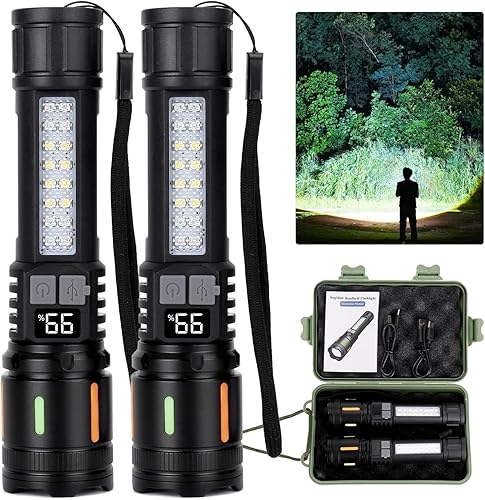 Linternas recargables de alto lúmenes 900,000L (2 paquetes), 5 modos de luz LED súper brillante de mano con batería con luz lateral COB, carga USB