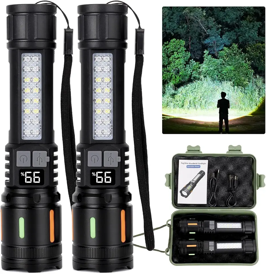 Rechargeable Flashlights High Lumens 90,000L (2 Packs), 5 Modes Super Bright Led Handheld Flash Light Battery Powered with COB Side Light, USB C Charging, Power Display, Waterproof, Zoomable Beam