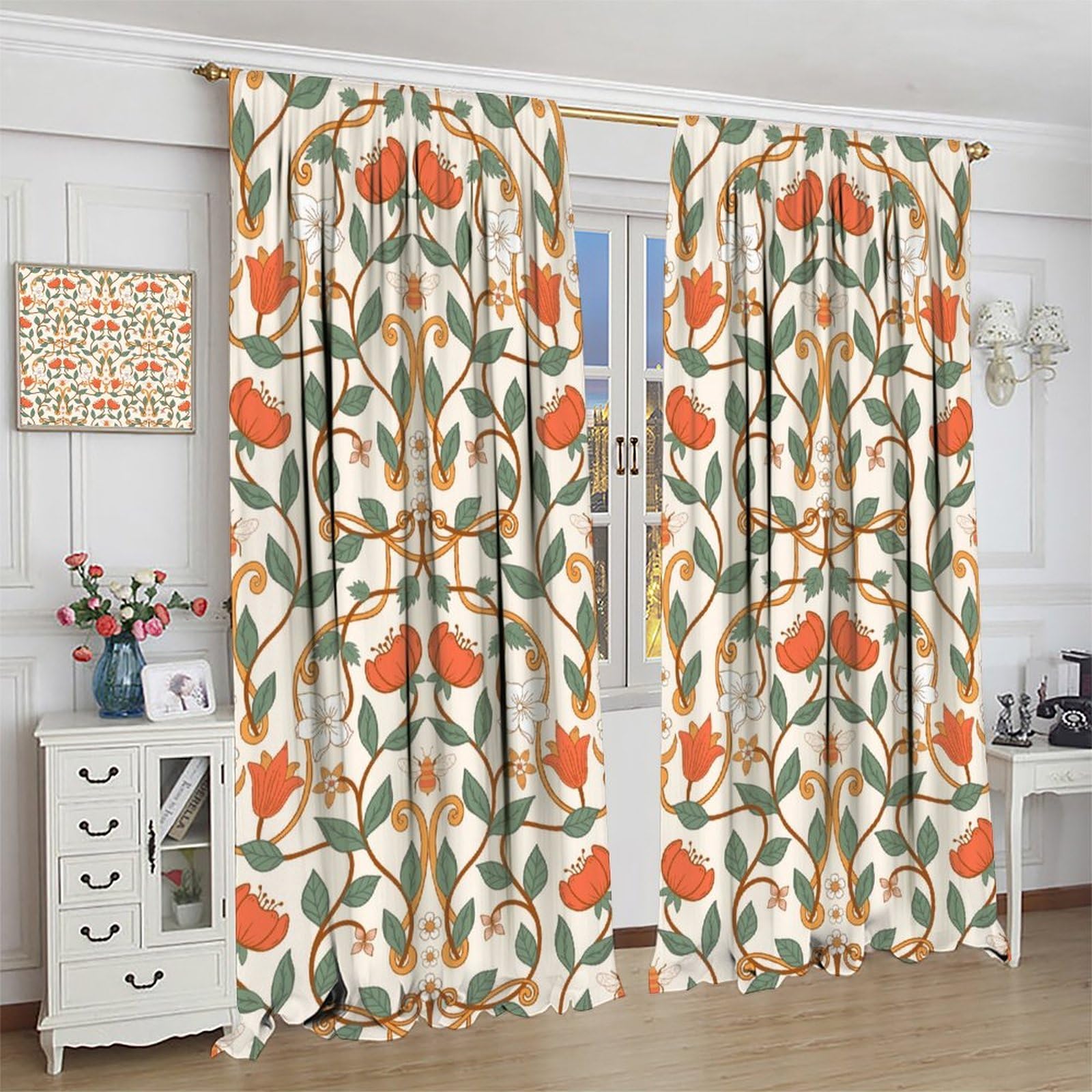 Amazon｜ヴィンテージフラワーカーテン、ミッドセンチュリーフローラル