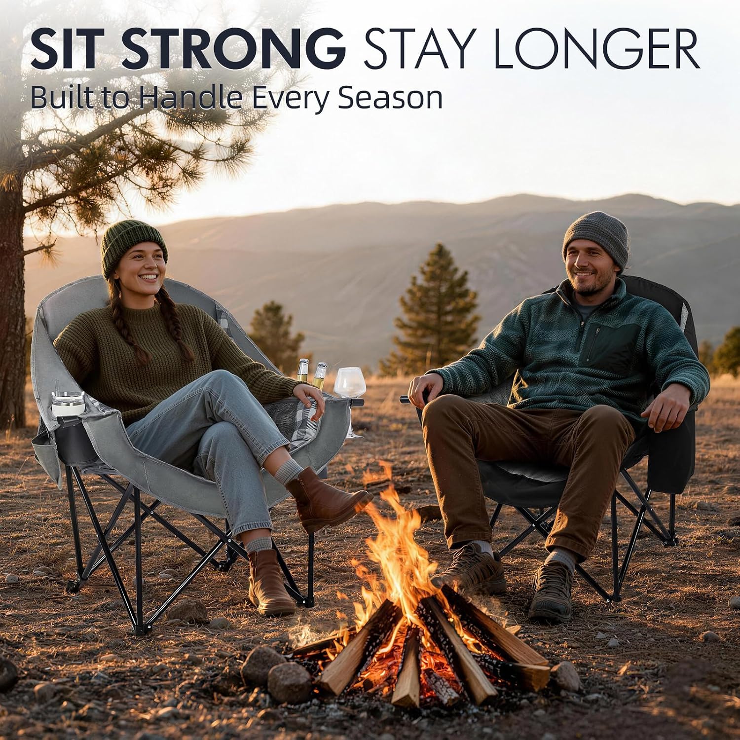 Oversized Camping Chair for Adults - Heavy Duty Outdoor Padded Large Lawn Camp Chair with Cup Holder Cooler Pockets for Sports Beach Fishing Garden Portable Supports 500lbs, Black/Grey 2 Pack thumbnail