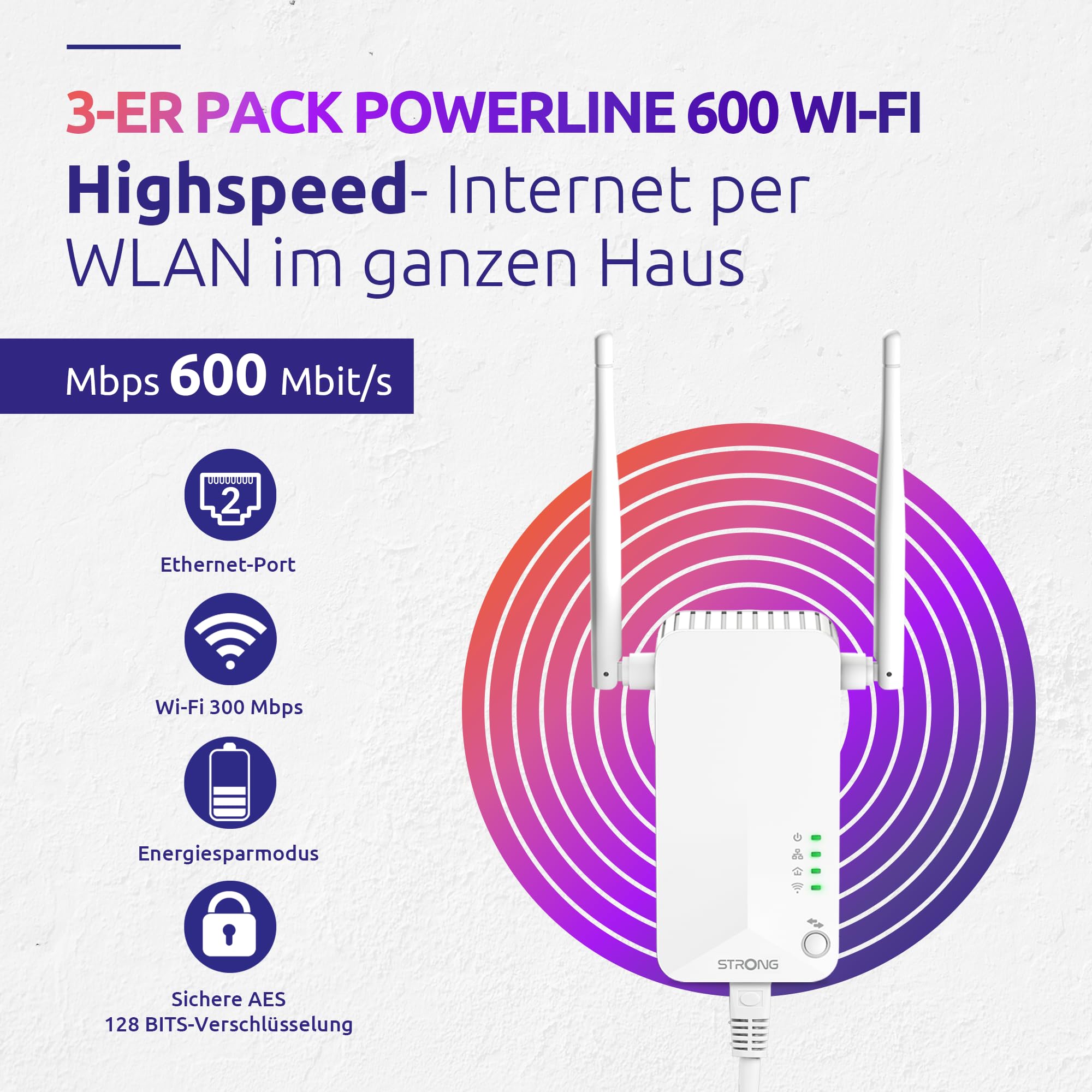 STRONG - Powerline 600 Triple Wi-Fi EU Set - 2 Powerline 600 Mbps + WLAN Adapter 300 Mbps, Fast-Internetzugang - integrierte Steckdose - 300 m Reichweite - Für alle Router - Hotspot + Ethernet - weiß