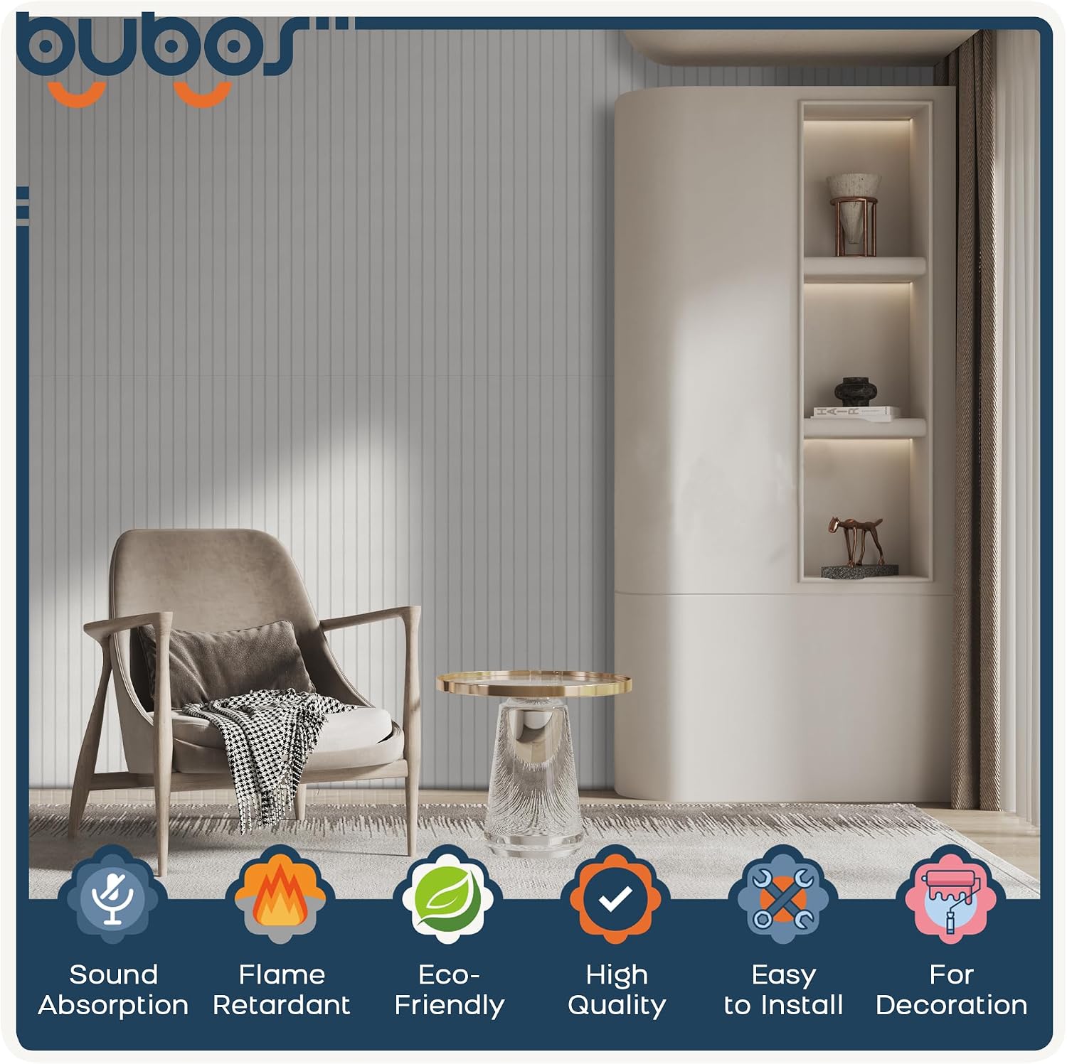 BUBOS Large Acoustic Panels, 6 Pack 48x12 Inch SoundProof Panels for Walls, Self Adhesive Acoustic Wall Panels, Decorative Sound Panels for Home Studio Office (White 02)