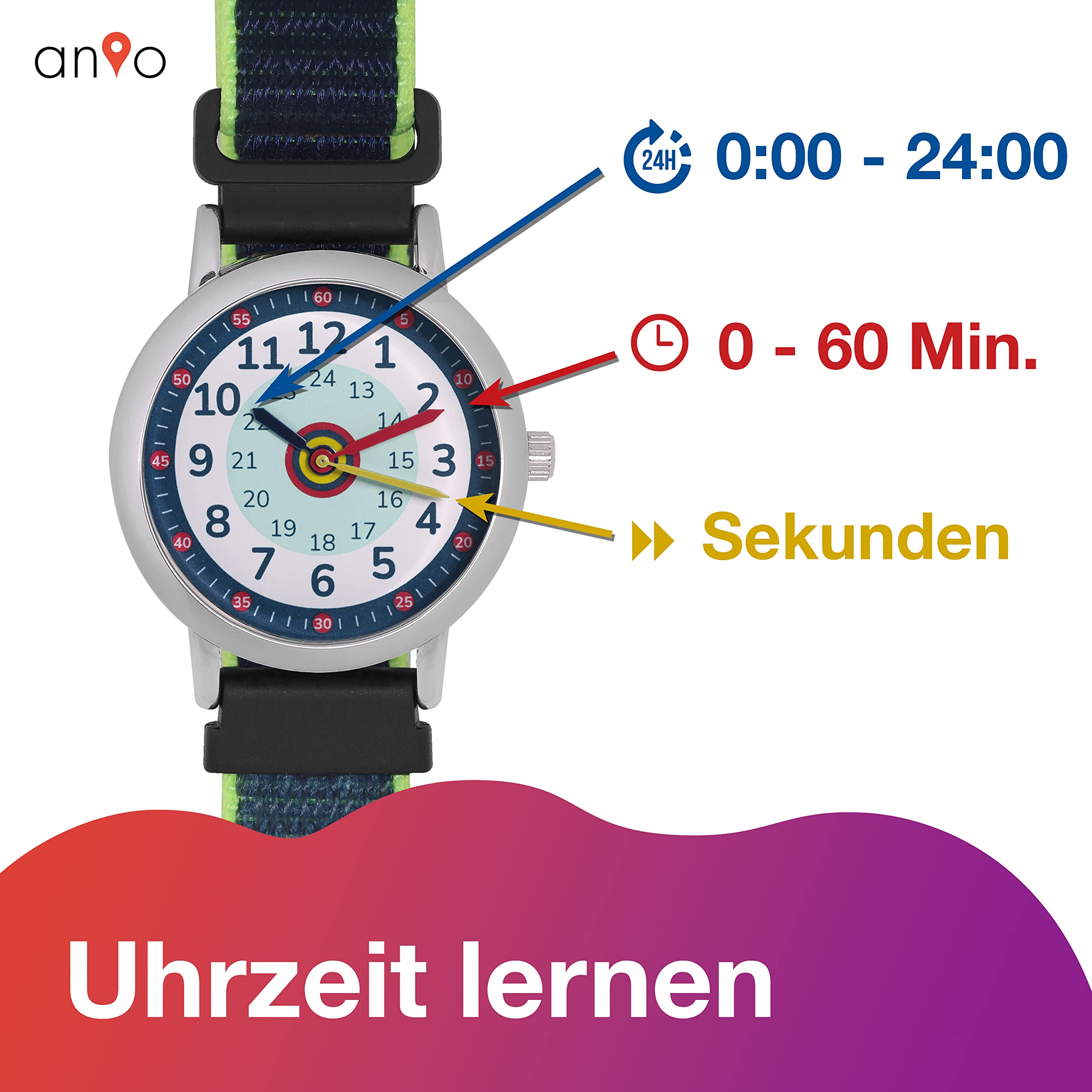 Anio3 Armbanduhr Kinder Lernuhr - Kinderuhr zum Lernen der Uhrzeiten ab 6 Jahre, wasserdicht bis 5 bar, Kinderuhr für Jungen und Mädchen