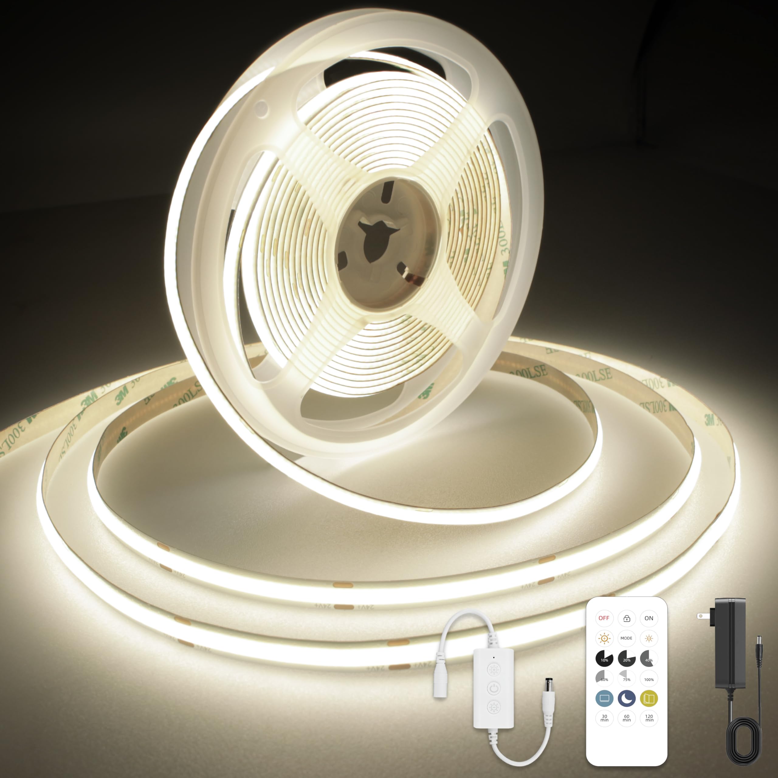AXMOTUT COB - Tira de luz LED con mando a distancia, regulable 24.6 pies/7.5 m, luz LED flexible de alta densidad, 4000 K, blanco natural, 2400 LED, tira de luz LED superbrillante, CRI 90+ para