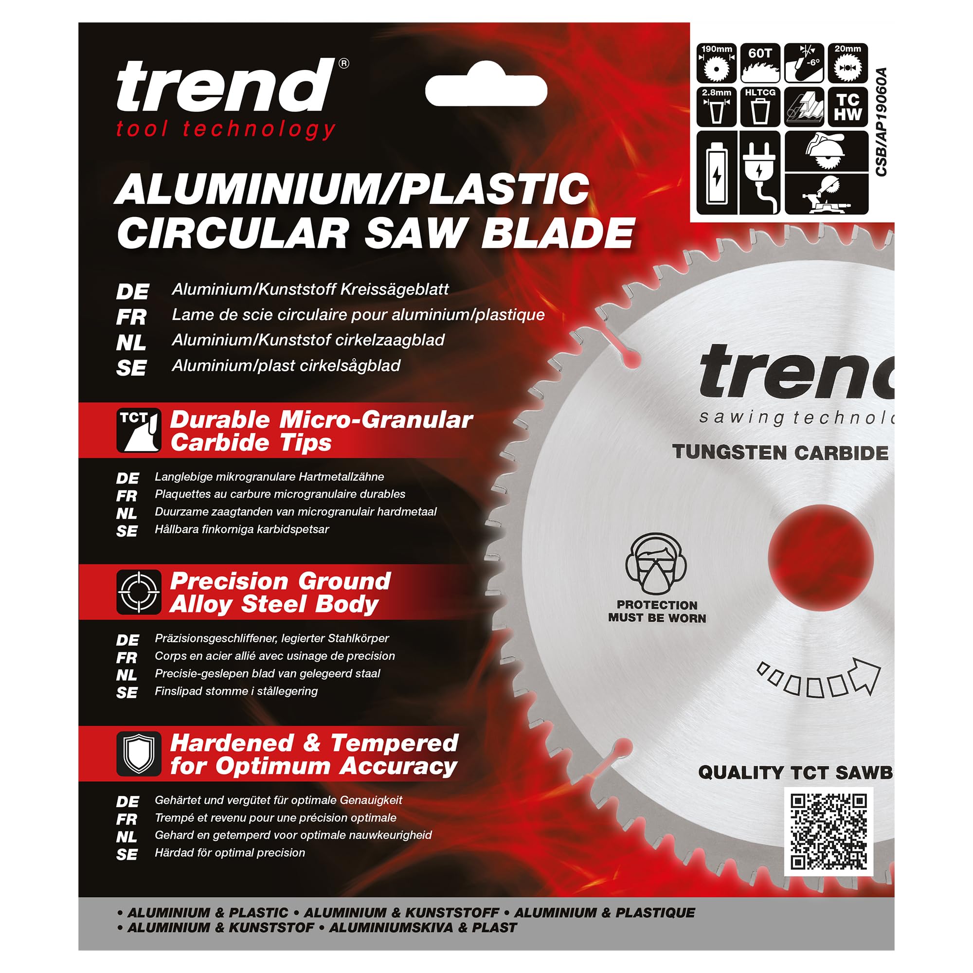 Trend Hoja sierra circular TCT aluminio/plástico 190mm 60T 30mm | Corte aluminio y plástico con acabado fino, gancho -6° y kerf 2,8 mm, 60 dientes TCT. CSB/AP19060