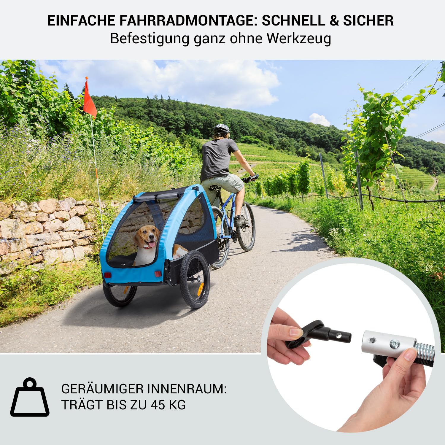 Klarfit Husky City Fahrradanhänger, Fahrrad Anhänger für Hunde, Hundefahrradanhänger mit Reflektoren & Lleine, Hundebuggy, Fahrradanhänger Hunde Gefedert, Hundeanhänger für Fahrrad