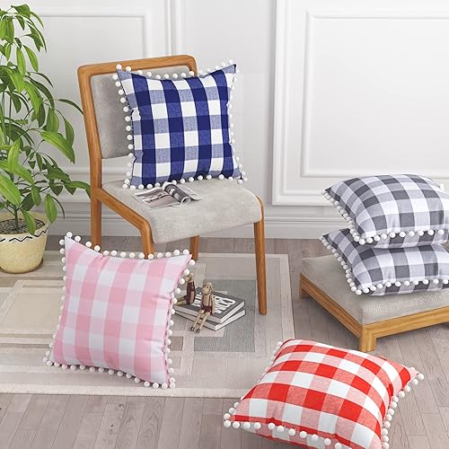 Miniatura 6 de Buffalo - Fundas de almohada decorativas a cuadros con pompones, de algodón, estilo retro, estilo rural, para sofá, automóvil, funda cuadrada de 18