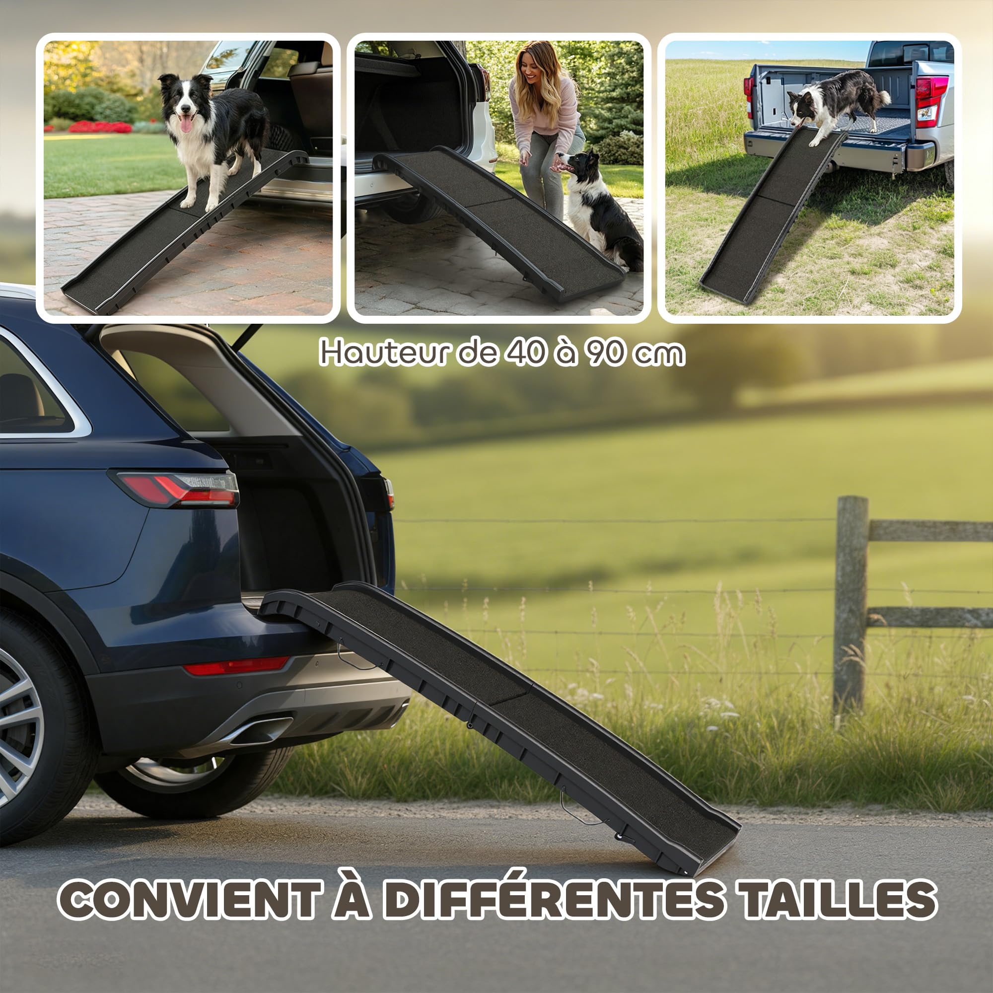 PawHut Rampe Pliable pour Chiens Pente Douce 155 x 38,5 x 15,5 cm Noir