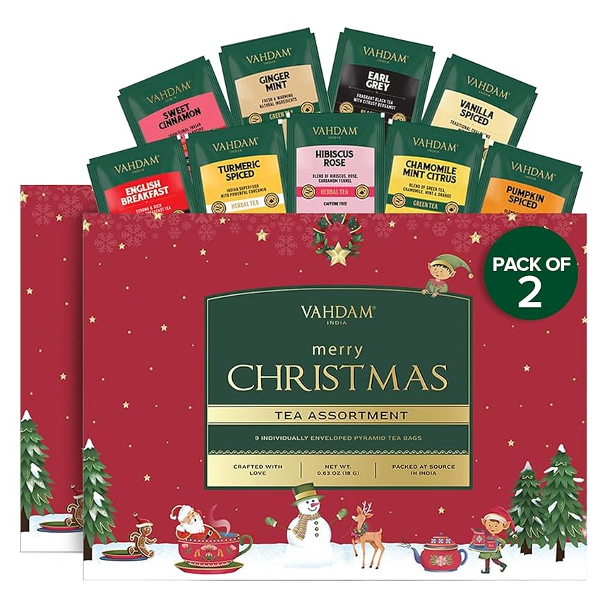 VAHDAM, Buon Natale - Set Regalo Di Tè Di Natale (9 Bustine Di Tè Individuali, Set Di 2) Edizione Limitata | Senza Glutine, Senza OGM | Regali Per Donne E Uomini