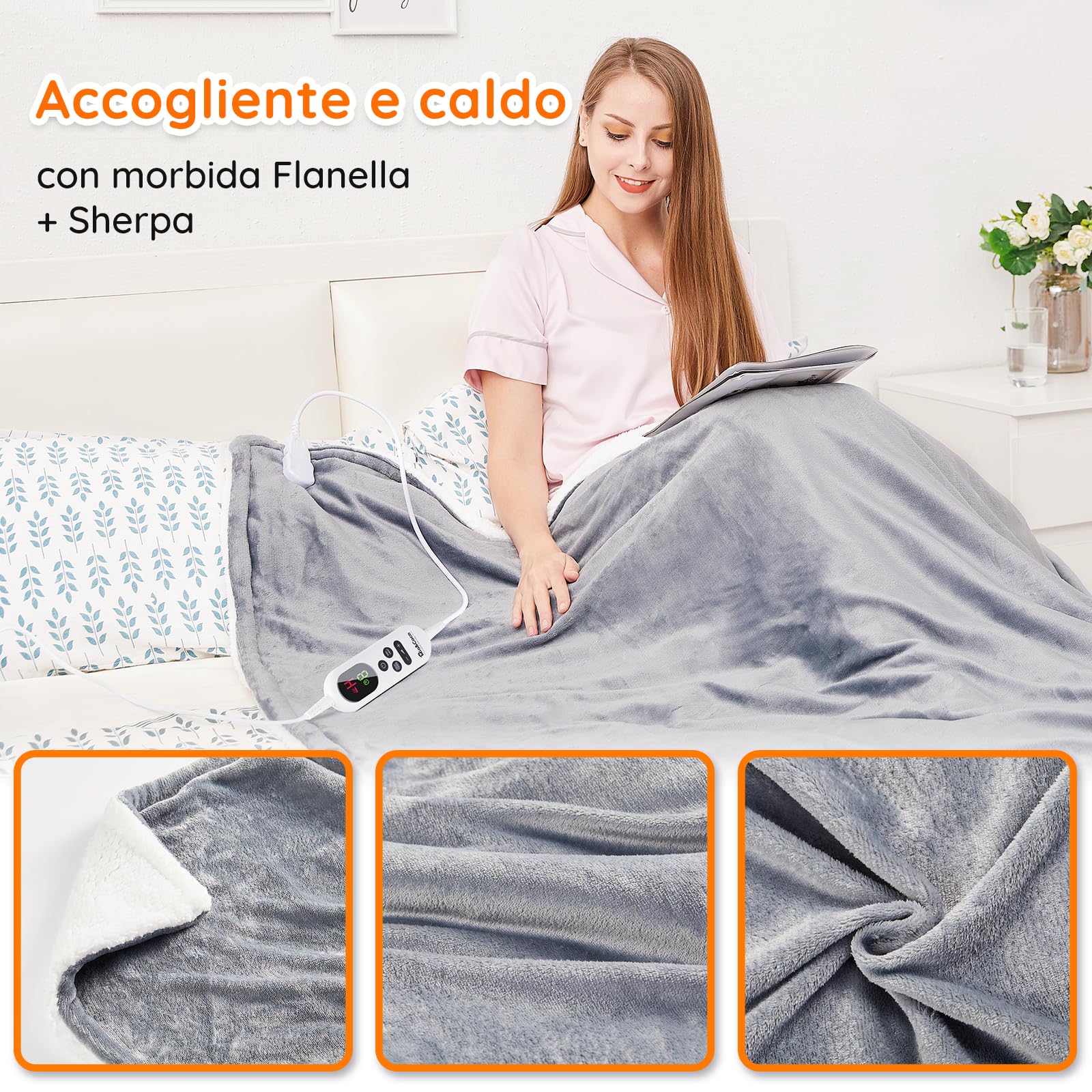 Mia&Coco Coperta Elettrica Termica Riscaldata, Lavabile in Lavatrice, con Telecomando Digitale, Flanella Sherpa 130x160 cm, 10 livelli e 1~9 ore di spegnimento automatico, lavabile in lavatrice
