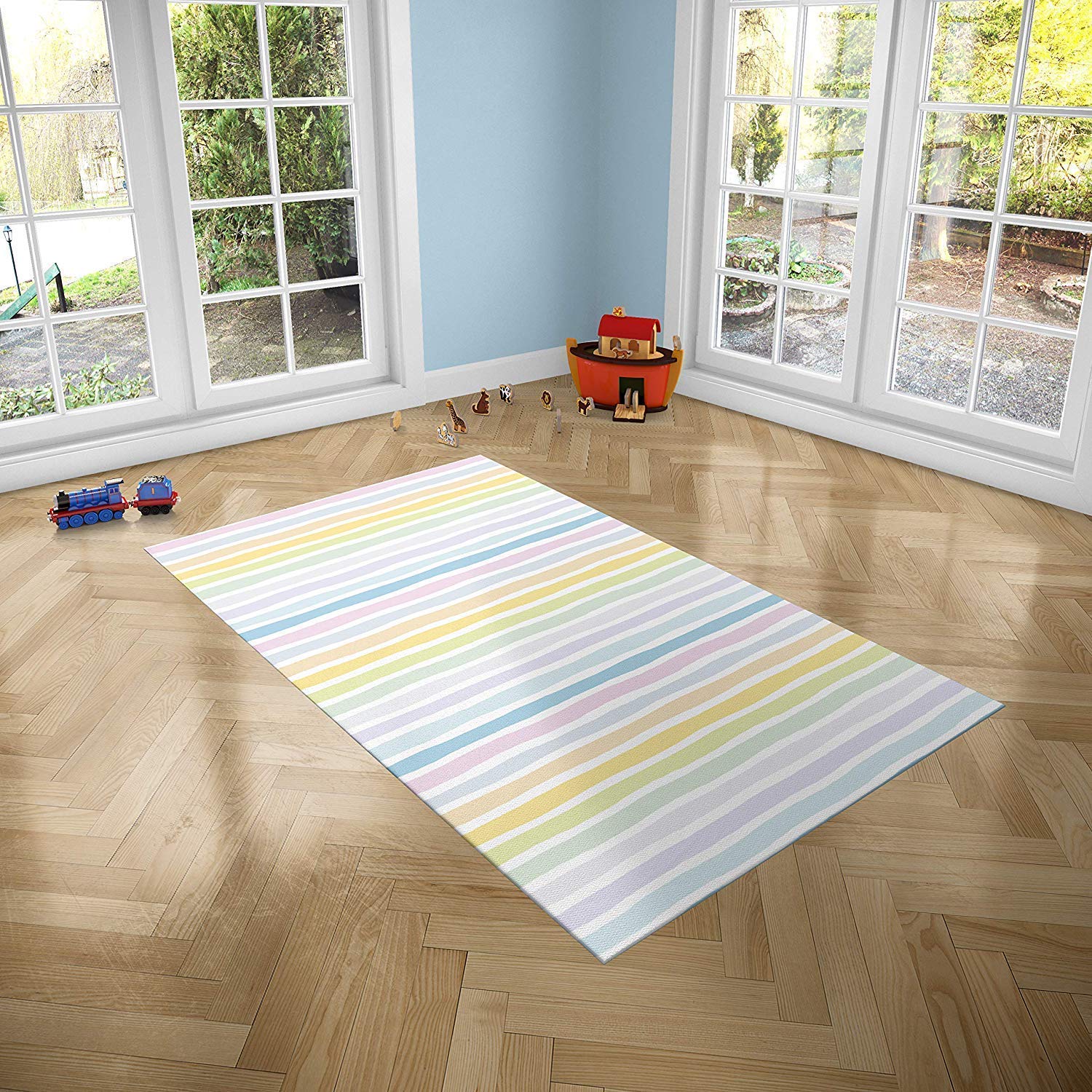 Tappeto per bambini a righe colorate per camere in PVC, varie misure, tappeto in PVC, pavimento vinilico, decorazione per la casa, pavimento Sintasol, pavimento di protezione per bambini 95x133cm