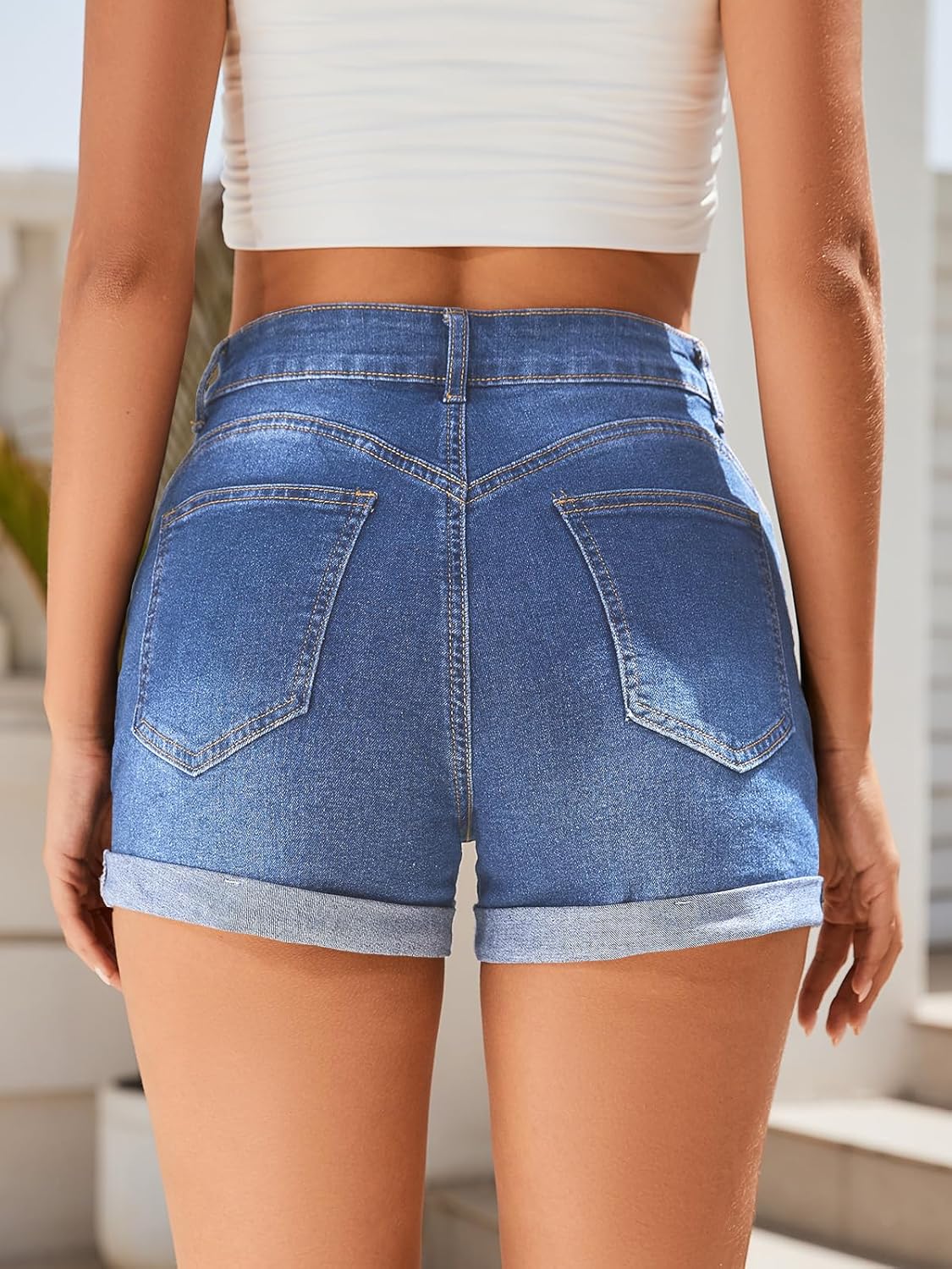 Women's Mid-High Rise Ripped Denim Shorts Stretchy Distressed Jean Shorts with Pockets Folded Hem Casual Summer Jorts - Image 3