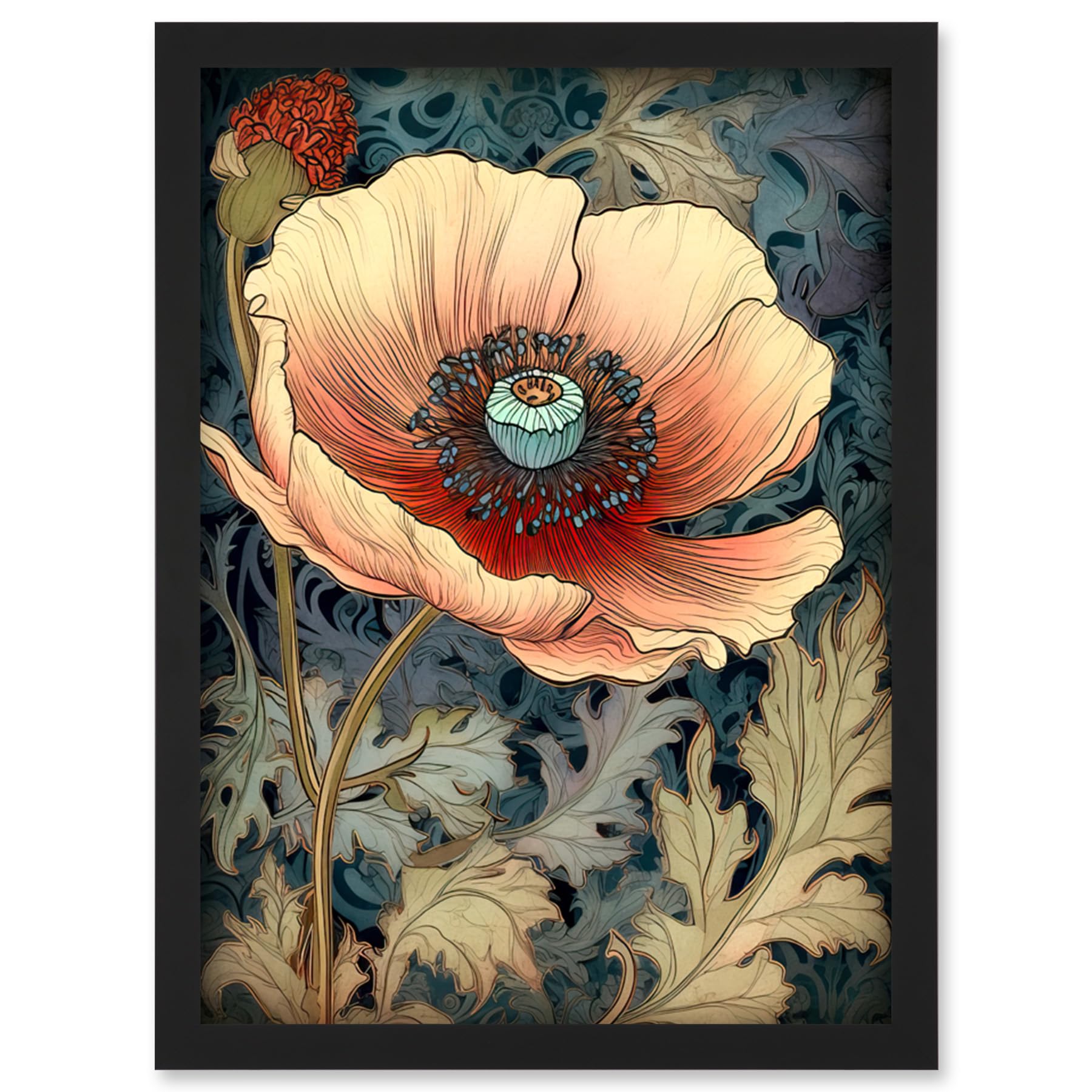 Artery8 William Morris Style Peach Anemone Flower Bloom Artwork Framed Wall Art Print A4