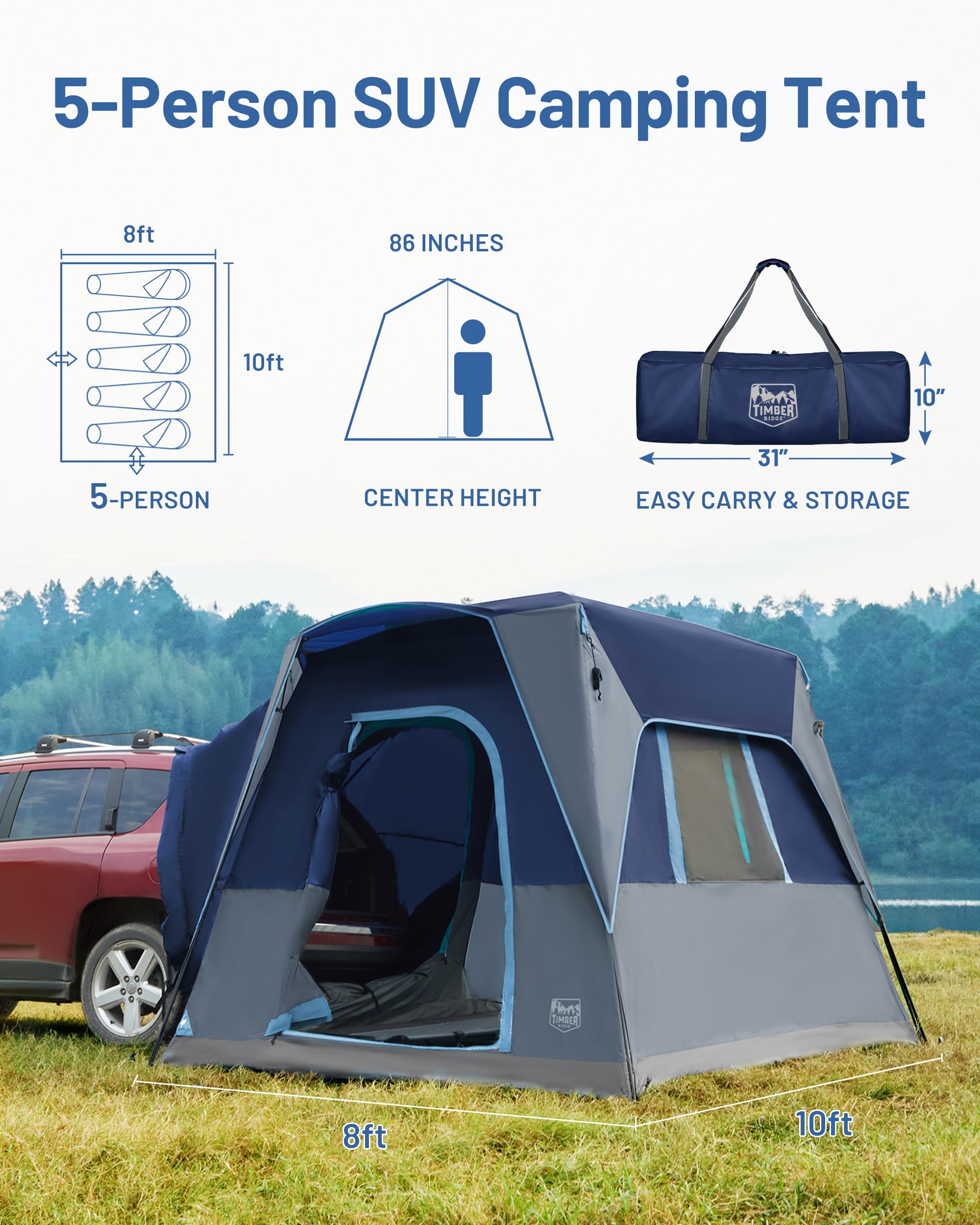TIMBER RIDGE Tenda posteriore per auto, per 4-5 persone, impermeabile | Tenda da campeggio impermeabile 2000 mm, per SUV, per roulotte, viaggi in famiglia, 305 x 245 cm