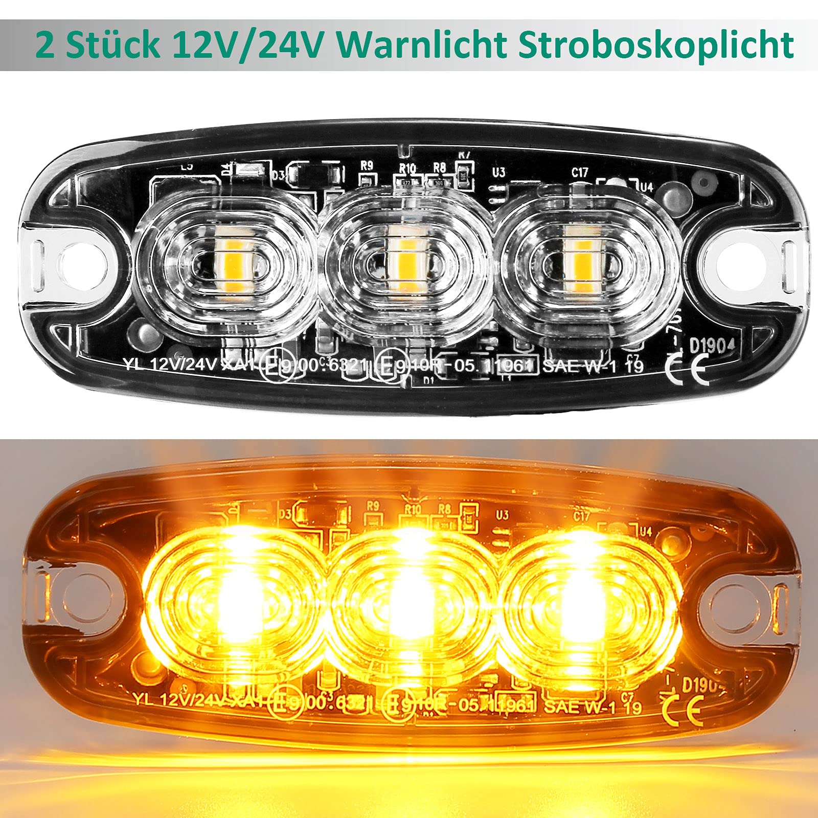 2pz Led Ambra Pericolo Lampeggiante Luce Stroboscopica Emergenza per Auto,Ultrasottili Barra Luminosa Ambra 12v24v 10w Luce di Attenzione Ambra led perVeicolo Camion Caravan Trattore Griglia