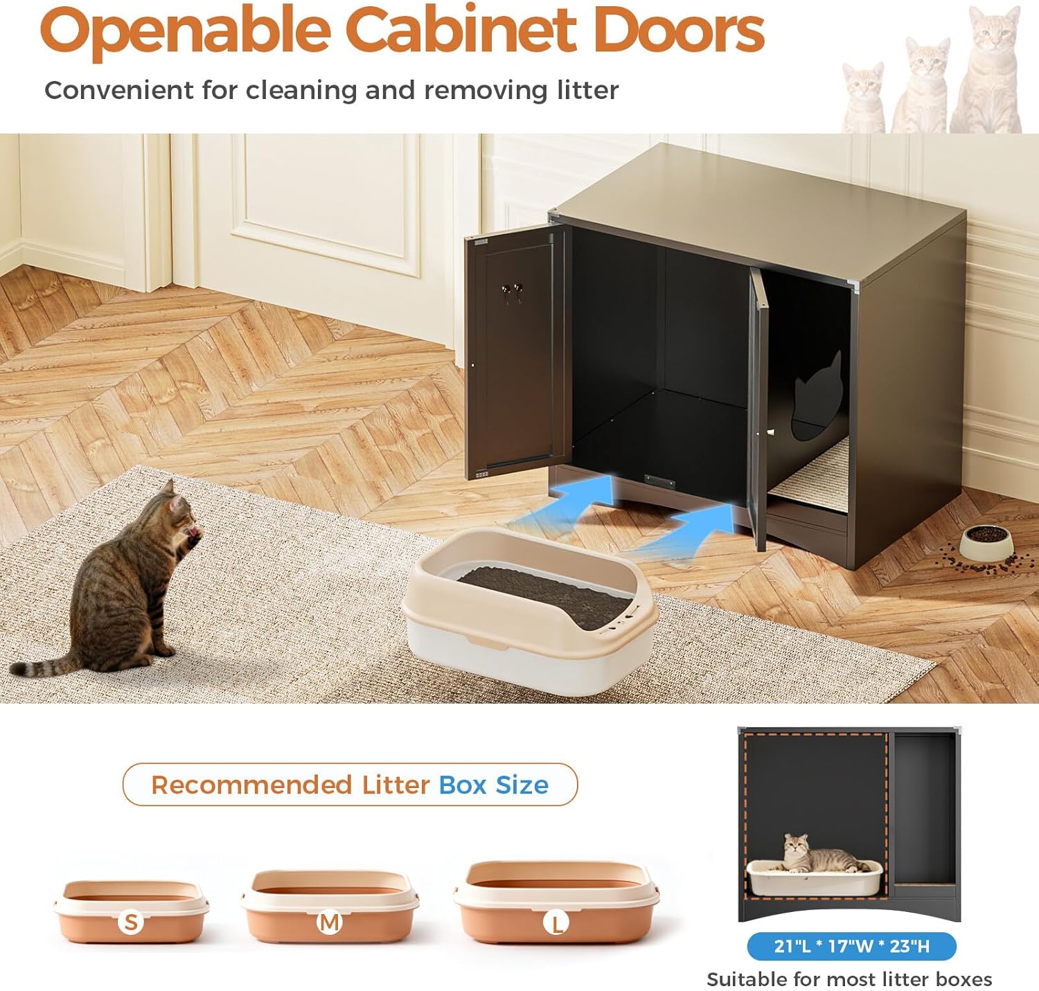 A person opening the cabinet doors of the AUN Cat Litter Box Enclosure to access the litter box for cleaning.