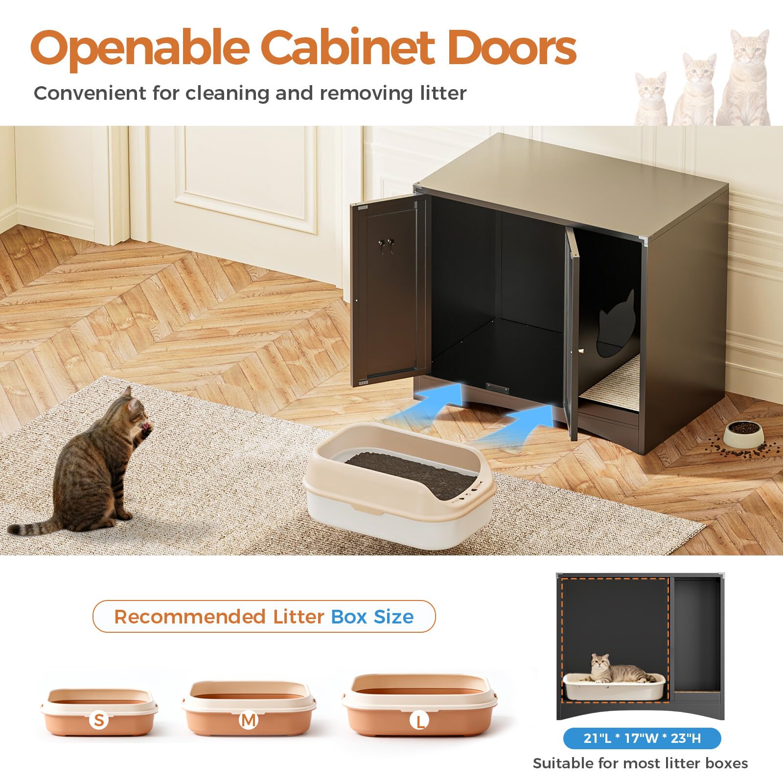 AUN Cat Litter Box Enclosure Hidden Cabinet, Easy Clean Steel Frame Pet House Furniture, Cat Washroom with Curved Entry, Dog-Proof, Black, 31.5x19.6x27.5 Inches, Indoor Use - image 3