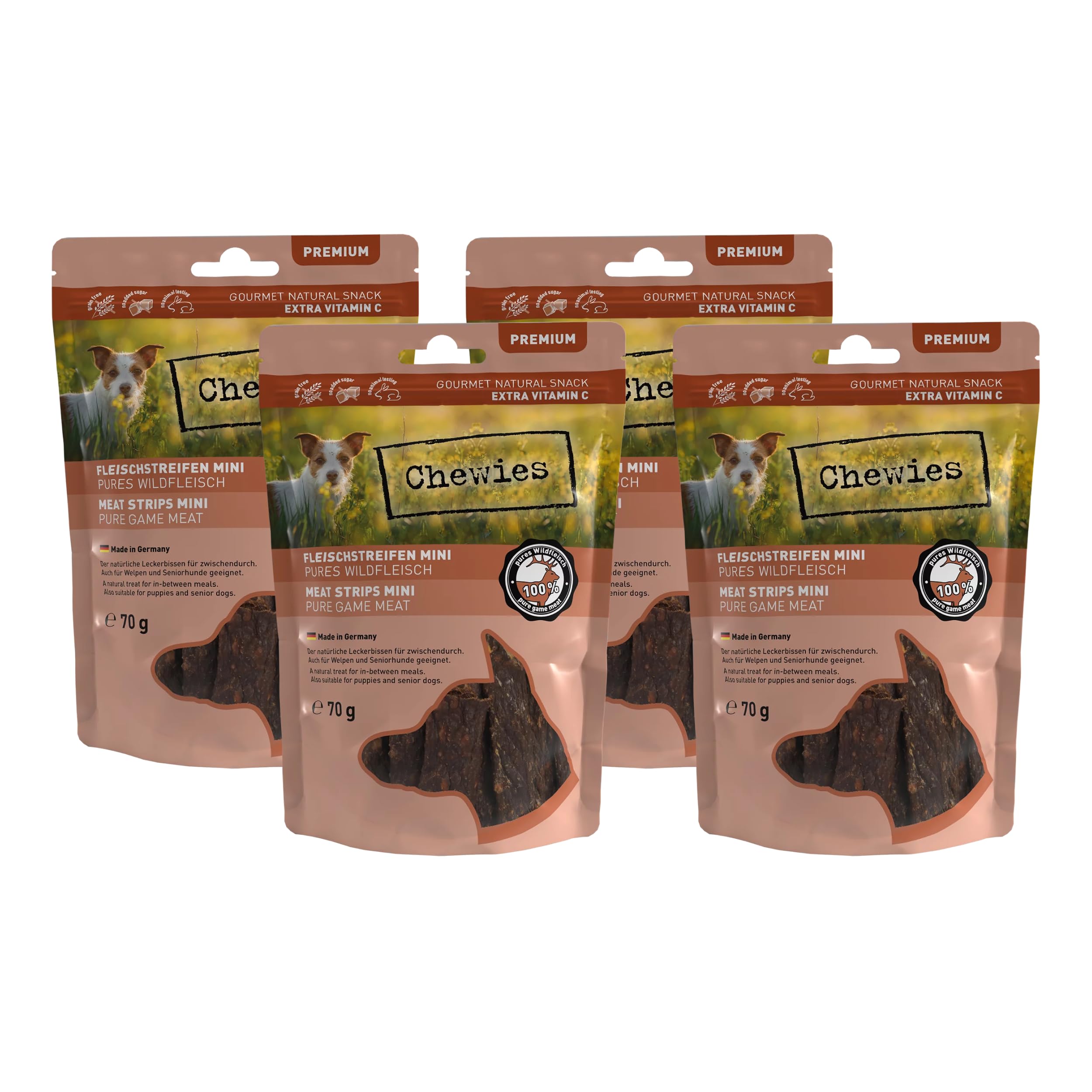 Chewies Fleischstreifen MINI Hundeleckerli aus 100% Wildfleisch - 4 x 70 g - Snack für kleine Hunde - luftgetrocknete Wild Kaustreifen - hypoallergen & getreidefrei - Dörrfleisch vom Wild
