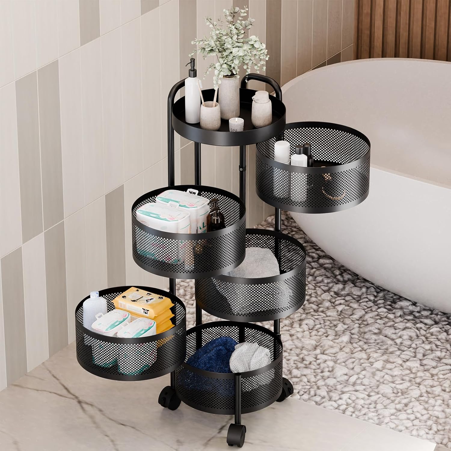 Rotating Storage Rack for Kitchen, 5-Tier Kitchen Storage Cart with Wheels, Fruit and Vegetable Basket Organizer for Kitchen, Pantry, Living Room, Space Saver for Vegetable Grocery Corns Potato Onion