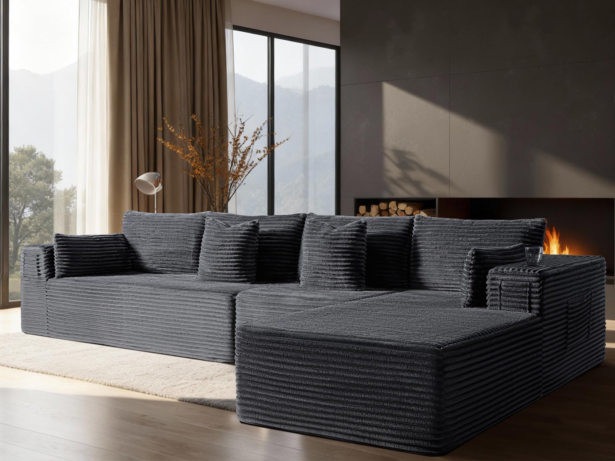 138" Oversized Cloud Sectional Couch, Comfort L Shaped Boneless Couch for Living Room, Extra Deep Seats No Assembly, Minimalist Modular Sofa, Corduroy (Dark Grey, 3 Seater+Right Facing Chaise)