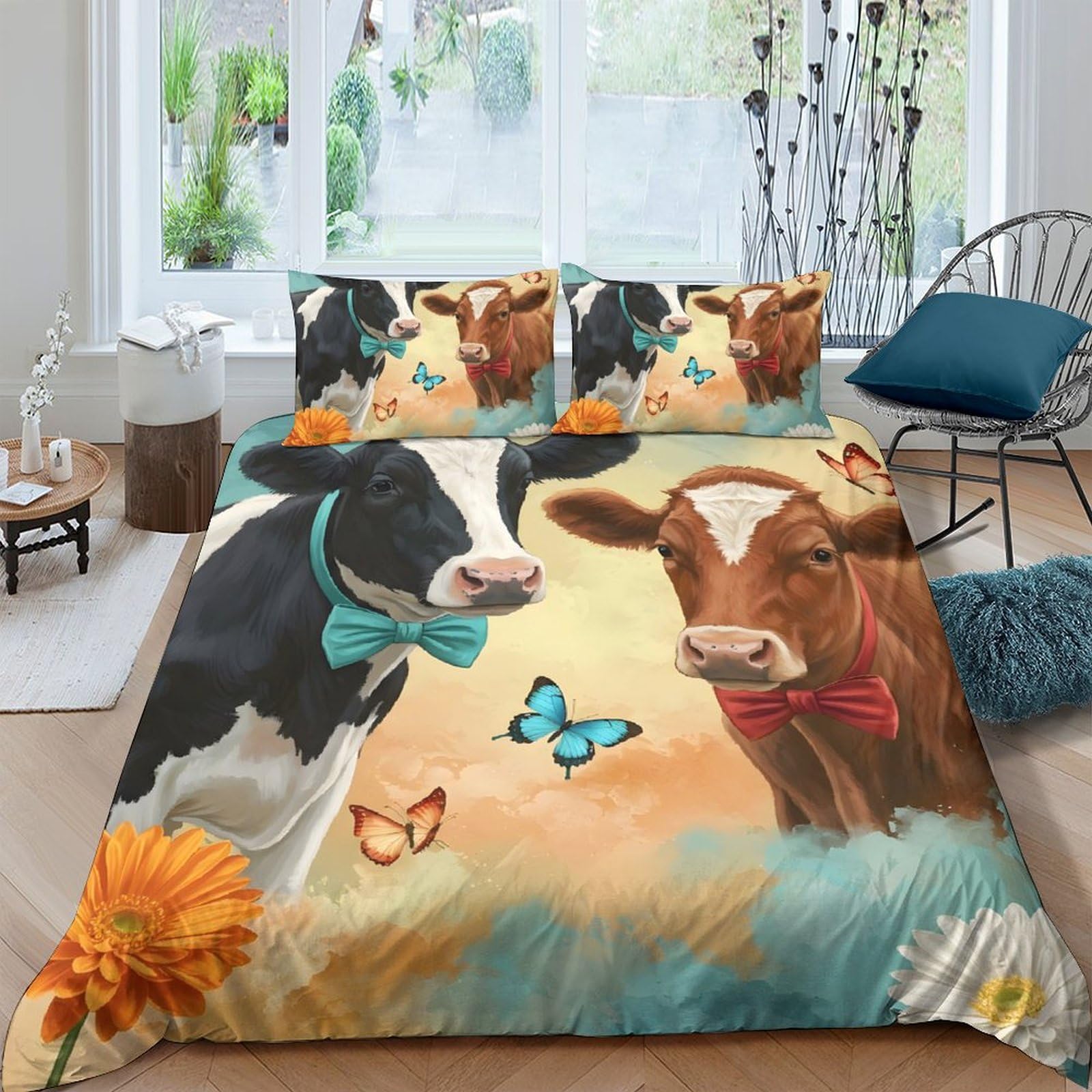 GPLZQXKJNH 3D Printed Cow and Butterfly Duvet Cover Set Microfiber Soft Breathable Farm Flowers Bedding with 2 Pillowcases for Bedroom Single（135x200cm）