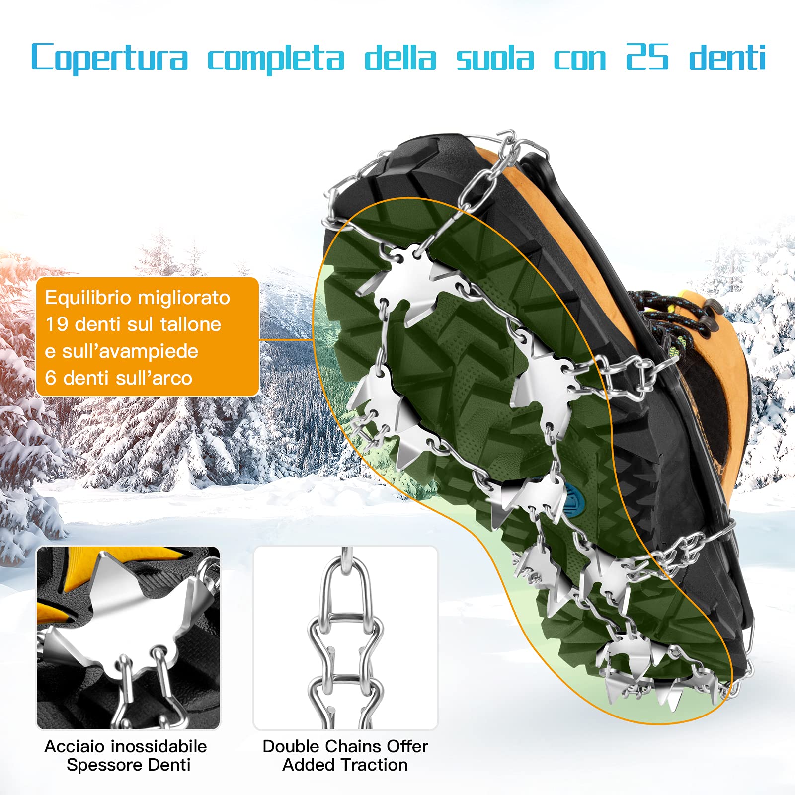 Ramponcini per Scarponi Scarpe 25 Denti Ramponi da Ghiaccio de Neve Ice Tacchetti Universali per Donna e Uomo Trekking,Camminare,Escursioni in Inverno,Occhielli Rinforzati con Inserti