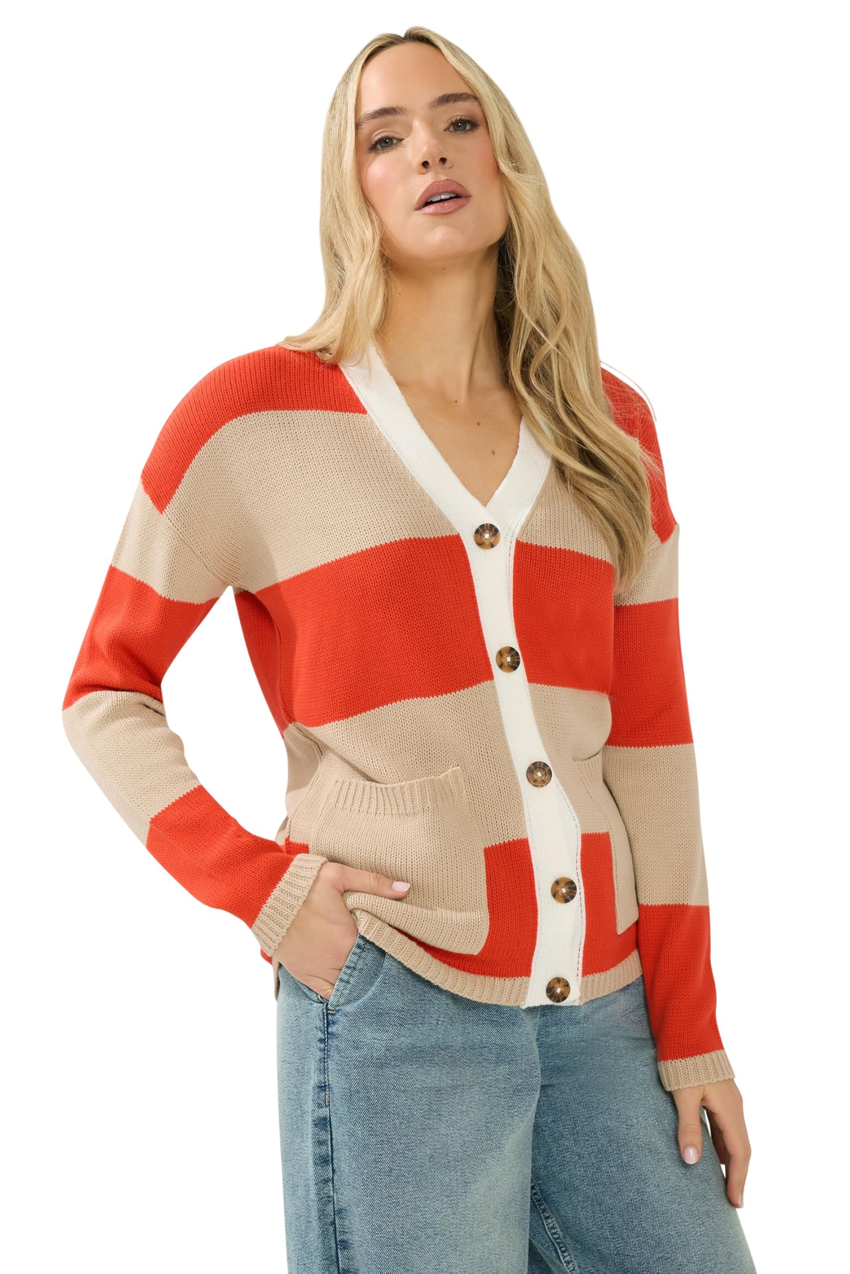 Long Tall Sally - LTS Tall Brown & Red Stripe Cardigan - Women's