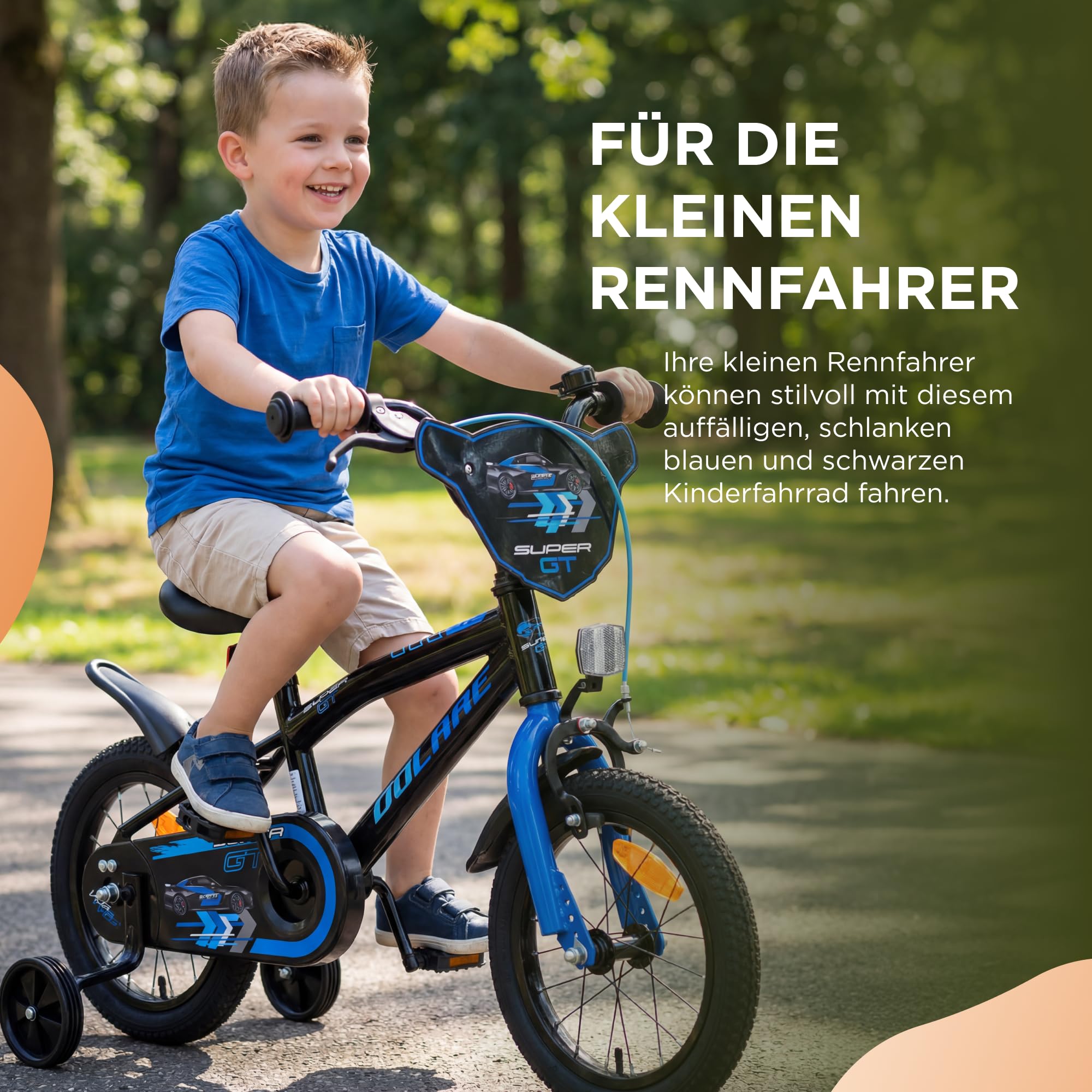 Volare Super GT Kinderfahrrad blau 14 Zoll | 3,5–5 Jahre | 2 Handbremsen, Stützräder, Kettenschutz, Reflektoren | Verstellbarer Sattel | Geschenk für Jungen & Mädchen