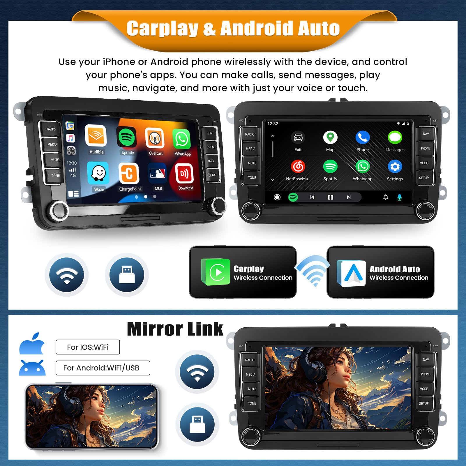 Android 15, 6G+128G 8Core GOHHDL Autoradio 2Din Navi für VW Golf 5 6 Polo Touran, 7 Zoll Auto Bildschirm Touch Radio mit GPS Navi WiFi Bluetooth FM/RDS Radio EQ SWC Rückfahrkamera&MIC