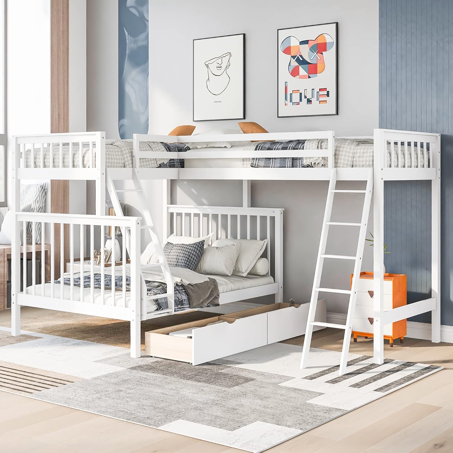 Harper & Bright Designs L Shaped Bunk Bed for 3, Solid Wood