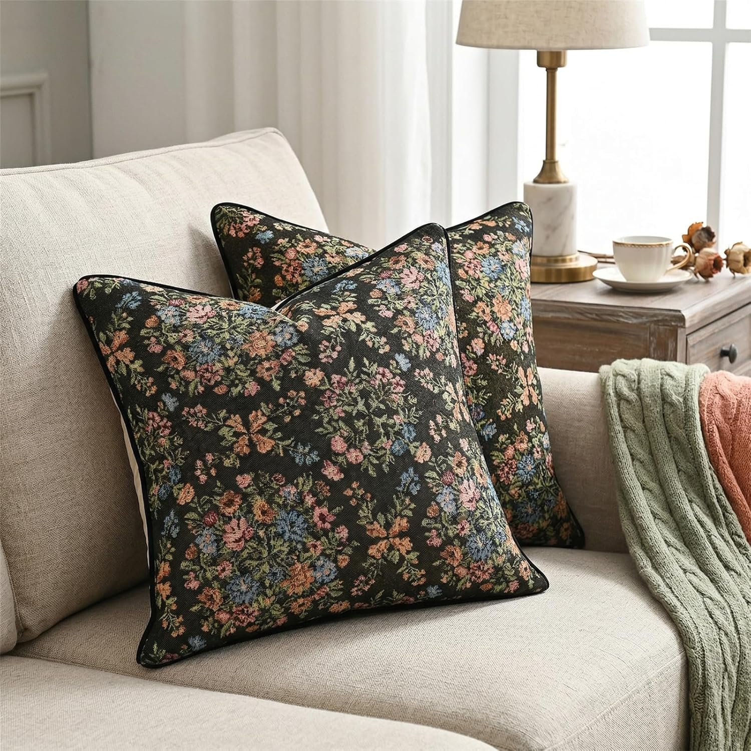 Classic Floral Throw Pillow Covers 18 x 18 Inch Set of 2, Rose Woven Farmhouse Couch Pillow Covers with Velvet Back & Corded Piping, Country Style Accent Cushion Cases, Black-Green