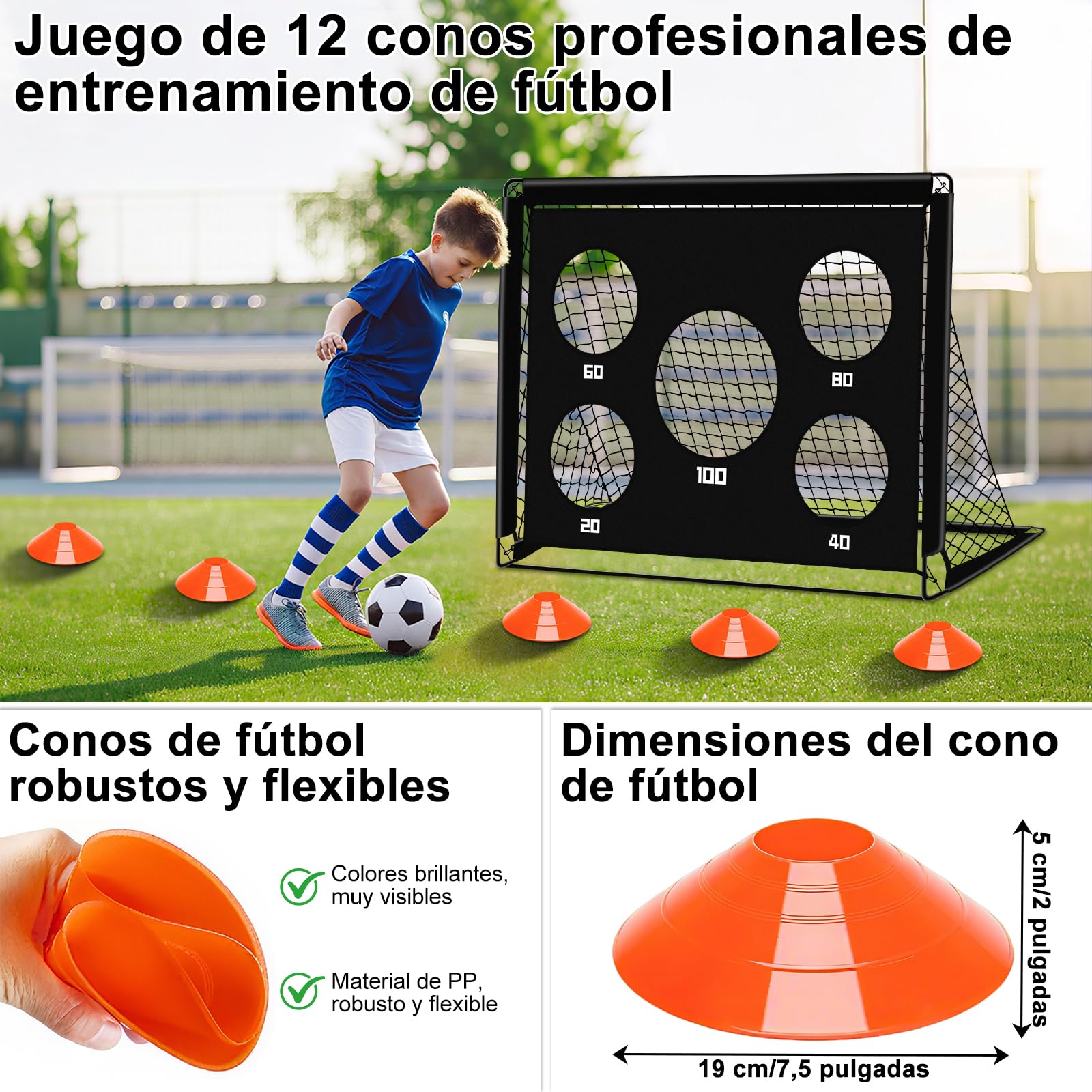Juego de porterías de fútbol infantiles para jardín, portería de fútbol plegable con pared + 12 conos + escalera de agilidad + 8 clavos en forma de U, juego de entrenamiento de fútbol para