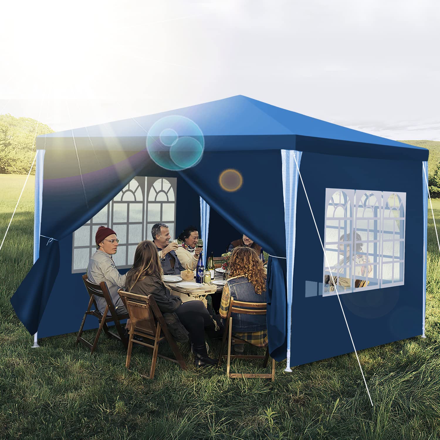Gazebo da giardino, 3 x 3 m, impermeabile, resistente ai raggi UV, 100 g/m², di alta qualità, in PE, con 4 parti laterali, colore: blu