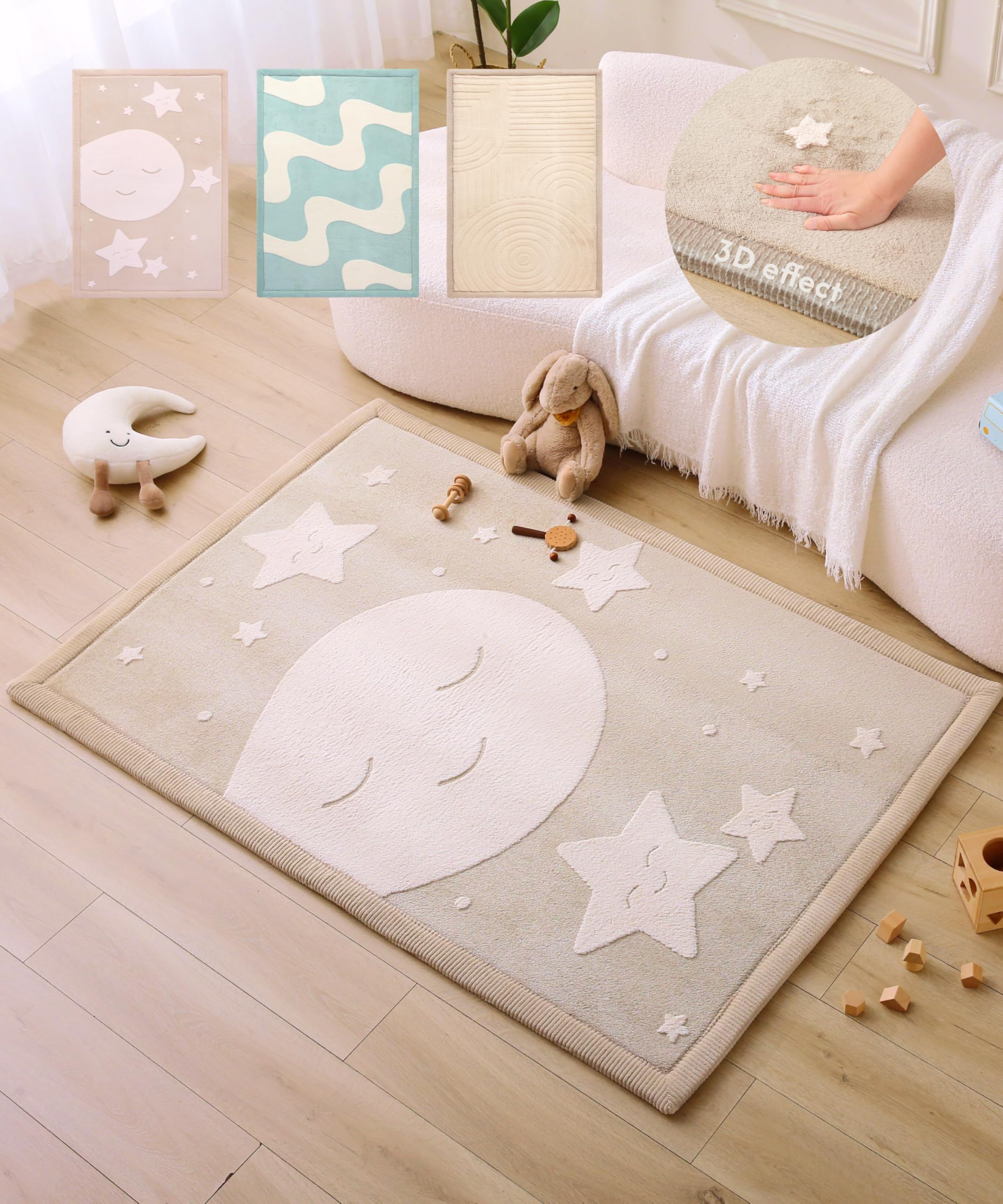 Hakuna Matte CloudRise Baby Play Mat for Floor 47" x 67" Moon & Stars – Coral Velvet Memory Foam Rug for Crawling & Cozy Play – Non-Slip, Water-Resistant, Easy-Care Tummy Time Mat, Playmat for Playpen