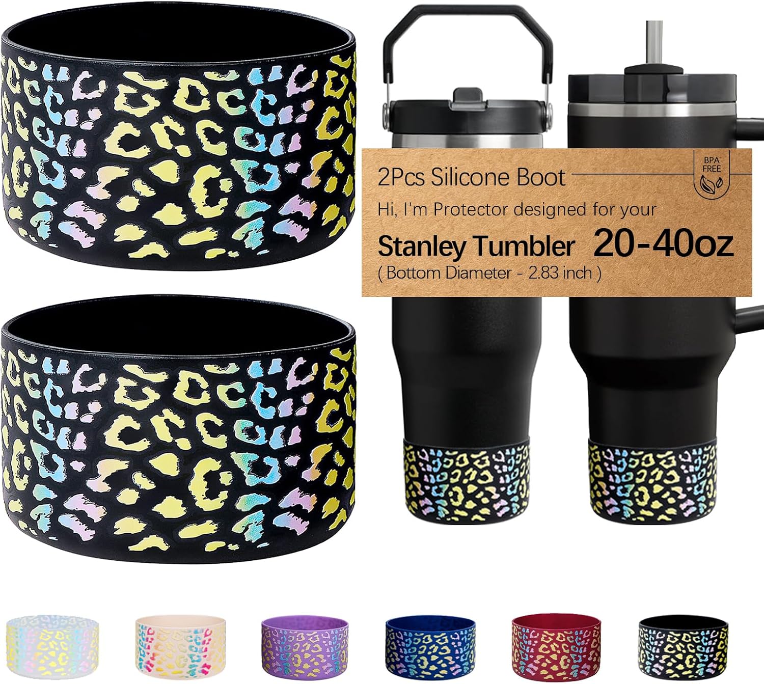 WK IEASON 2 Pcs Tumbler Bottom Protector Boot for Stanley Quencher Adventure 40oz & Stanley IceFlow 20oz 30oz and Compatible with Hydro Flask Water Bottle 12oz 21oz 24oz (3D Leo Black x2)
