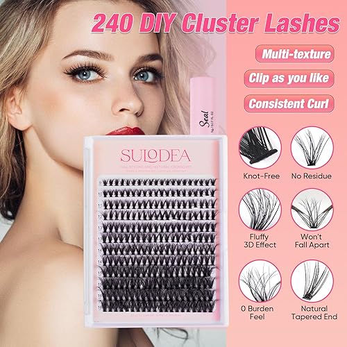 Miniatura 3 de Kit de extensión de pestañas para bricolaje, 240 unidades, individuales, racimo D, 40D, 0.35-0.630 pulgadas, mezcla de racimos de pestañas con