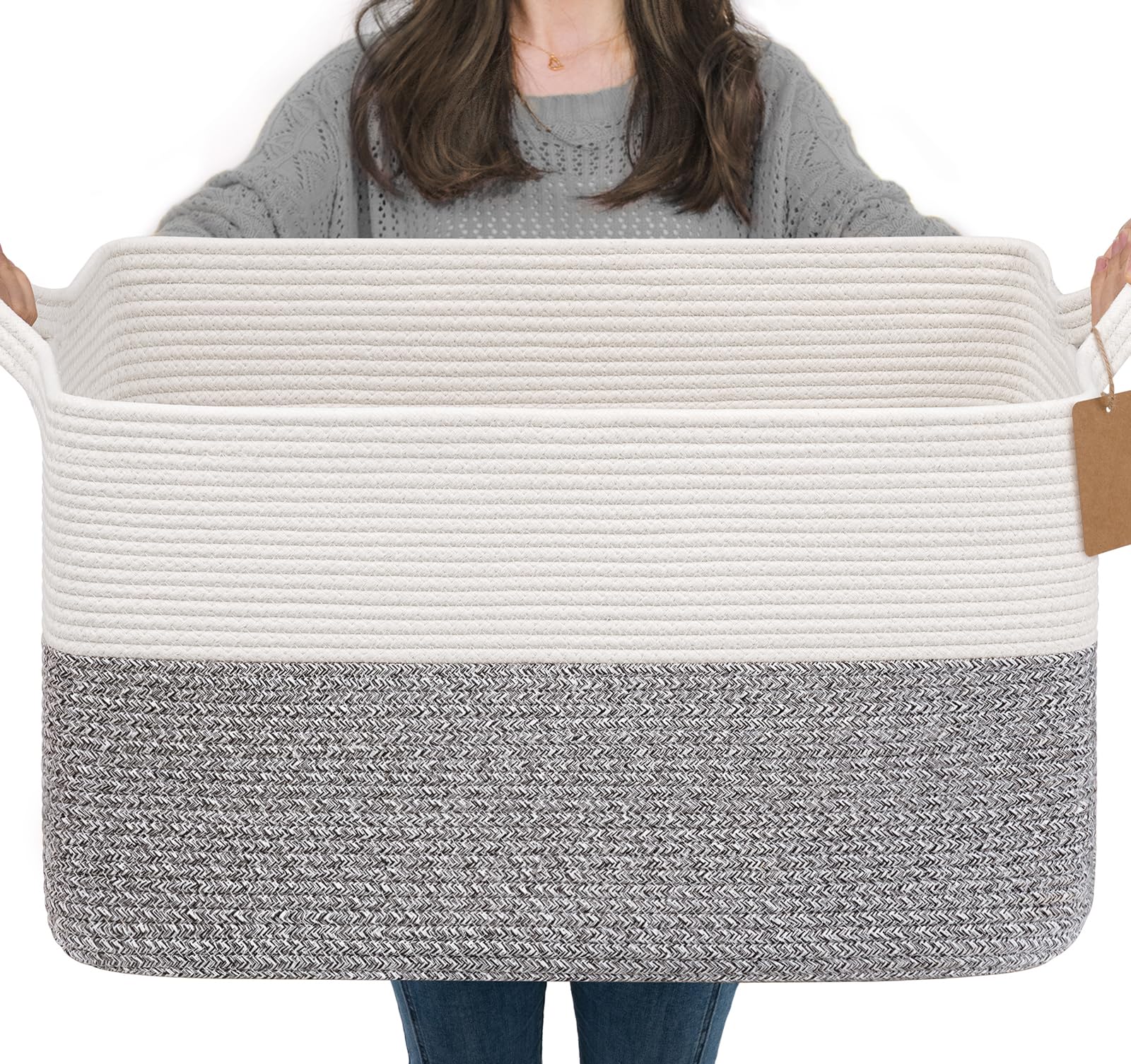TIMEYARD 75L Woven Storage Baskets for Organizing Large Blanket Basket for Living Room Home Decor, Rectangle Rope Toy Basket for Kids, Gift Baskets Empty with Handles, Gray