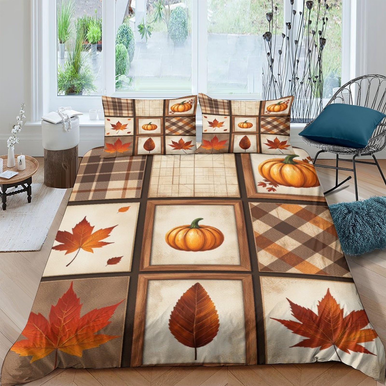 Ctjqhvkz Style-6 3D Printed Autumn Pumpkin Fitted Sheet Microfiber Soft Plaid Maple Leaf Mattress Cover Bedroom Decor Single（135X200cm）