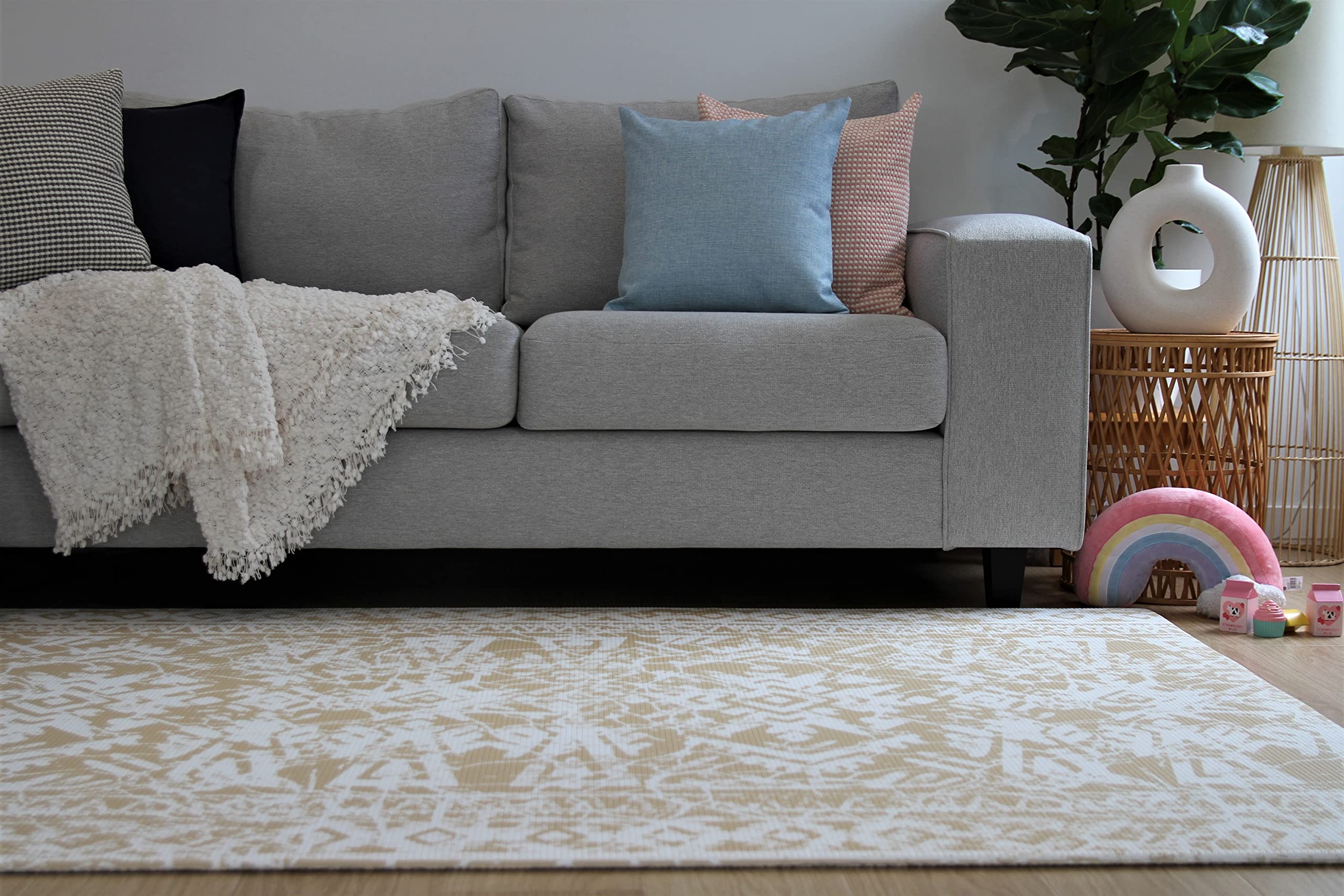 Cushmat Soft Stylish Reversible Foam Floor Mat | Baby Mat, Play mat for Toddlers, Tummy time Crawling mat | Kids Playmat | Yoga Mat | Non-Toxic, Waterproof, Durable, Easy-to-Clean | Large Beige â€“ Gray