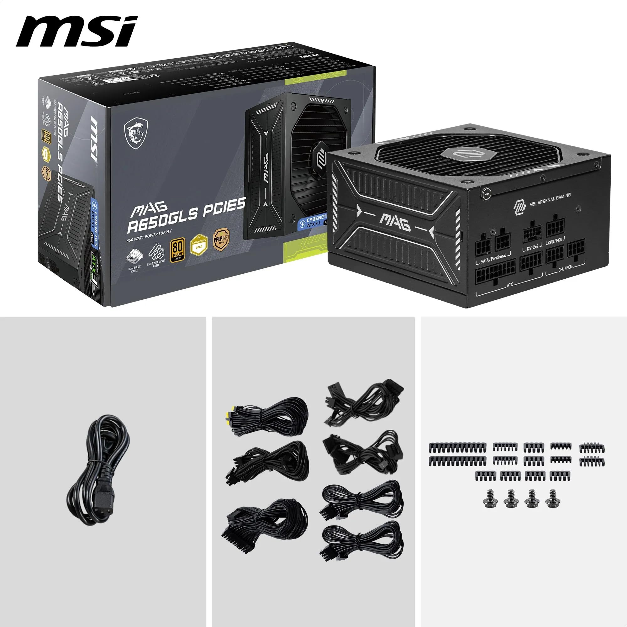 MSI mag A650GLS PCIE5, Fuente de alimentación, 650W, 80 Plus Gold, ATX 3.1, Soporte GPU PCIe 5.1, 12V-2x6 Nativo, Conector 12V-2x6 Bicolor, Fuente de alimentación ATX, Cables con Cubierta en Relieve